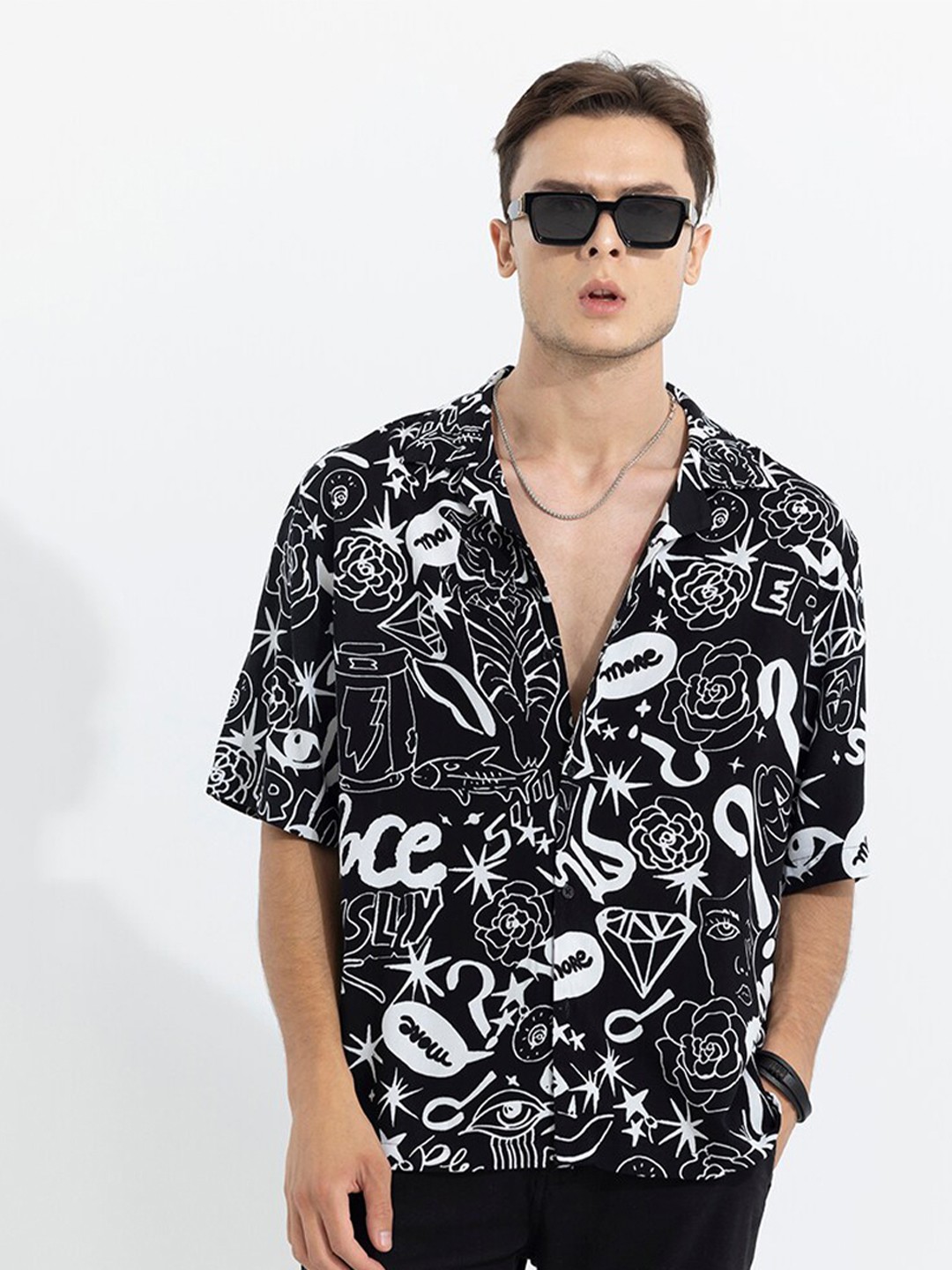 

Snitch Black & White Classic Abstract Printed Casual Oversized Shirt