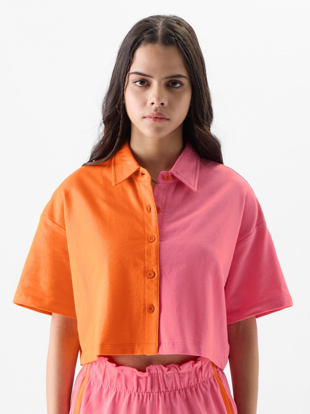 

The Souled Store Orange & Pink Colourblocked Crop Casual Shirt