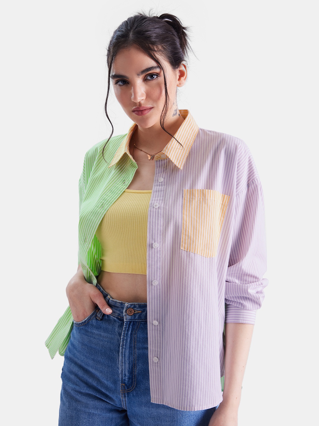 

The Souled Store Green & purple Vertical Striped Oversized Pure Cotton Casual Shirt