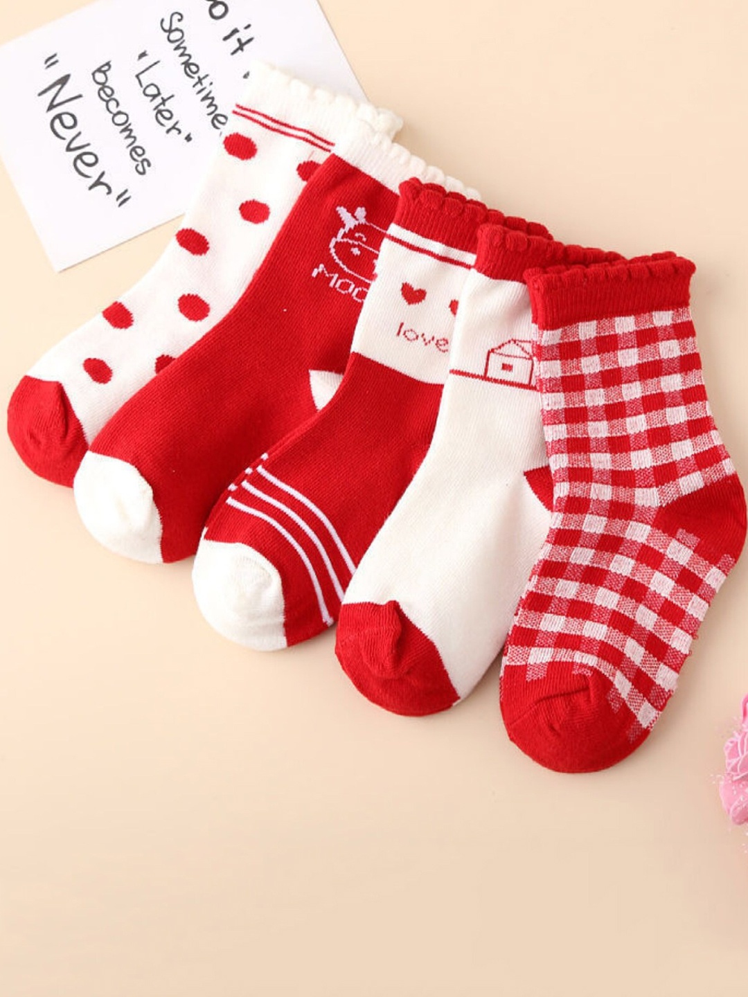 

YOUSTYLO Kids Pack Of 5 Patterned Ankle Length Socks, Red