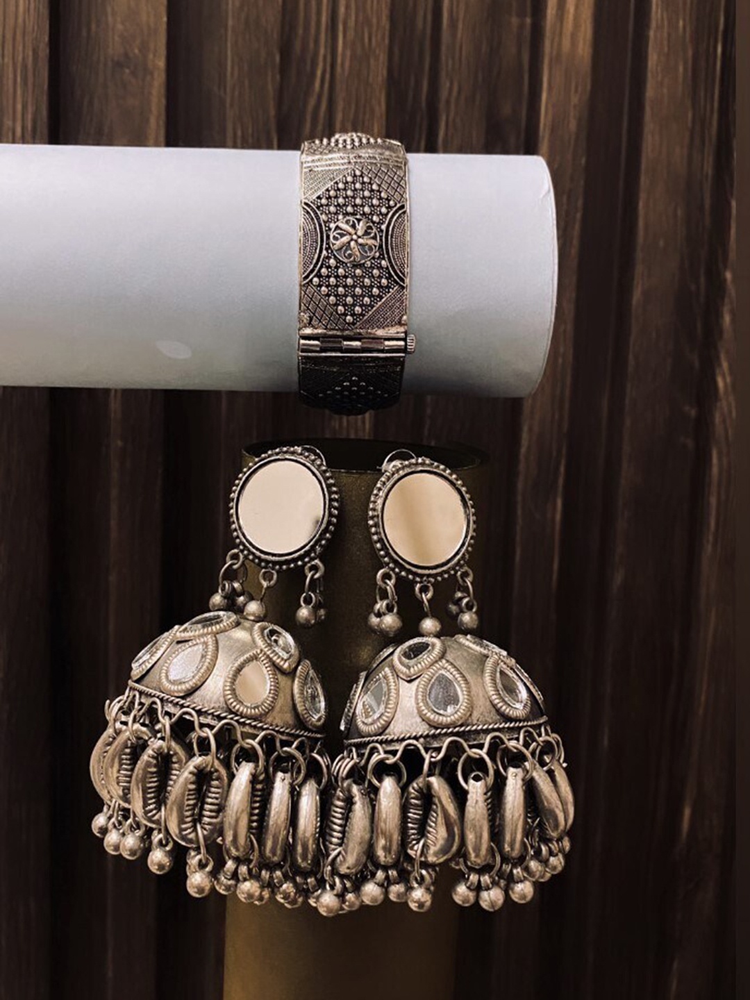 

ATIBELLE Set Of 2 Silver-Plated Stone-Studded Earrings With Kada Bangle