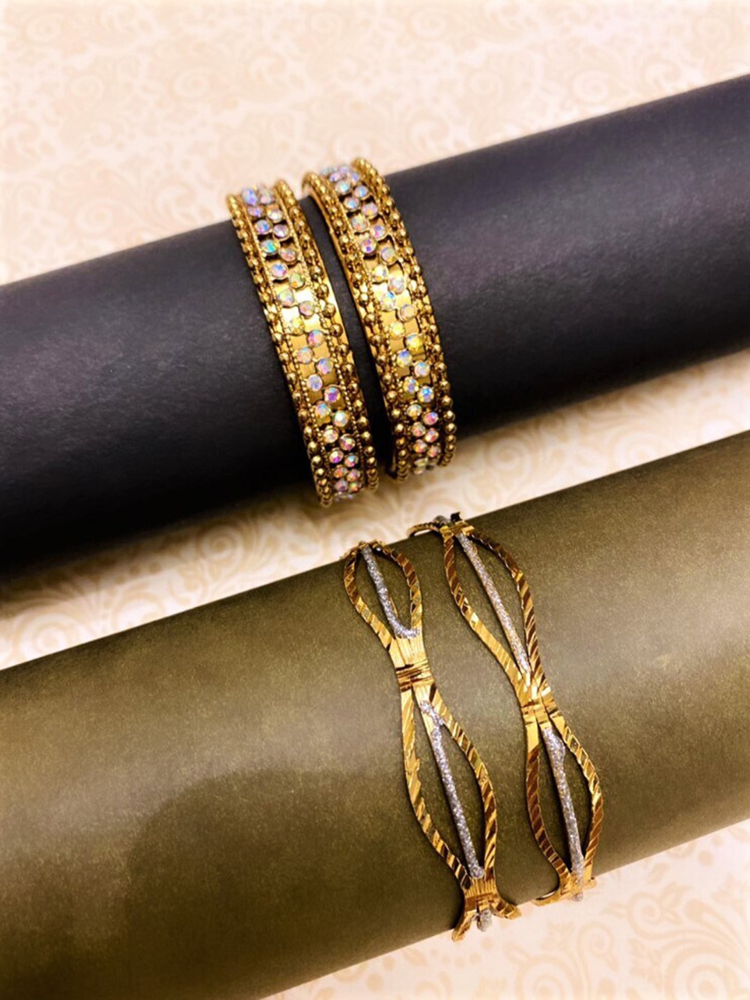 

ATIBELLE Set Of 4 Gold-Plated Stone-Studded Bangles