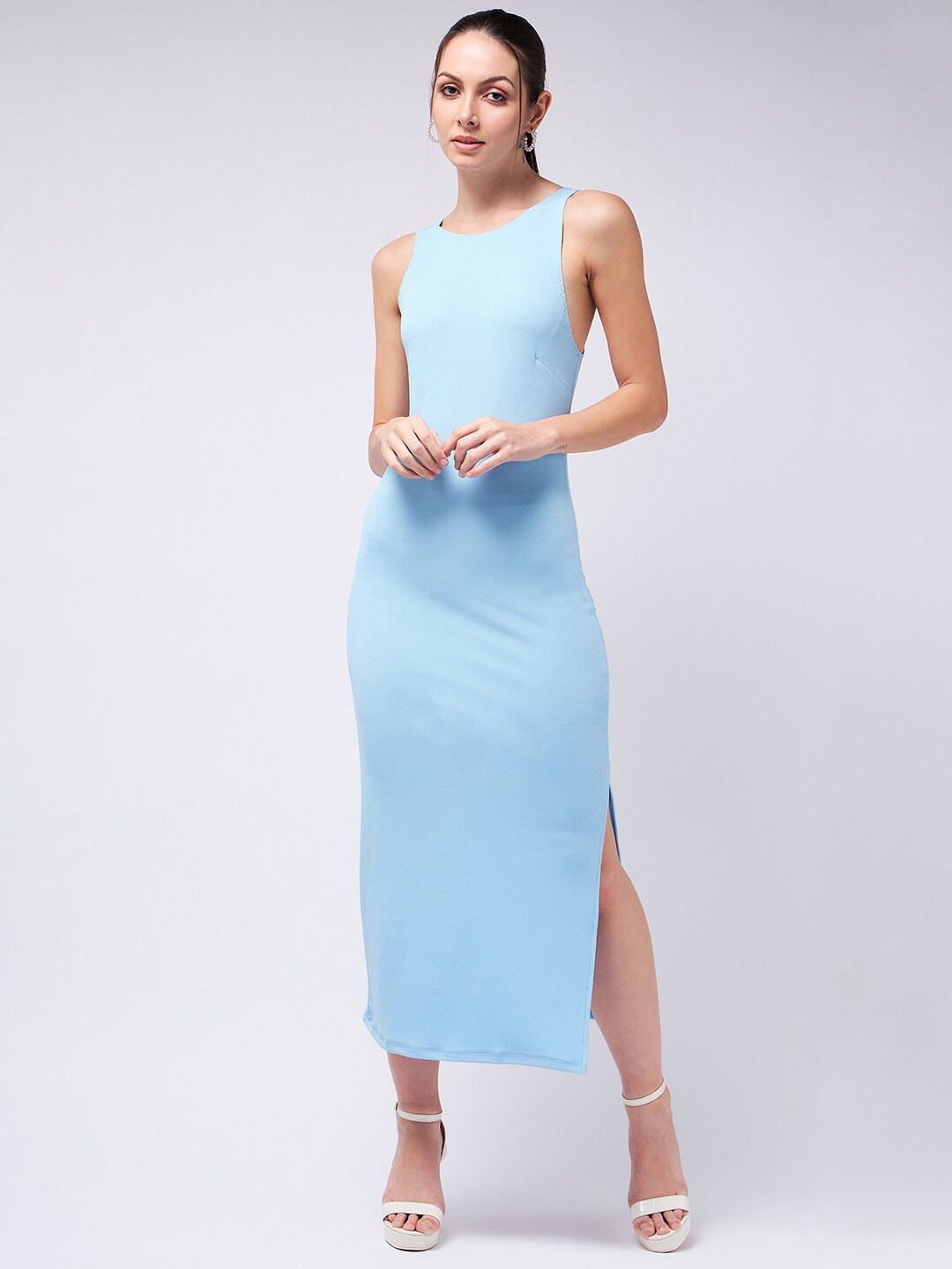 

COLOR CAPITAL Sleeveless Knitted Sheath Midi Dress With Side Silt, Blue