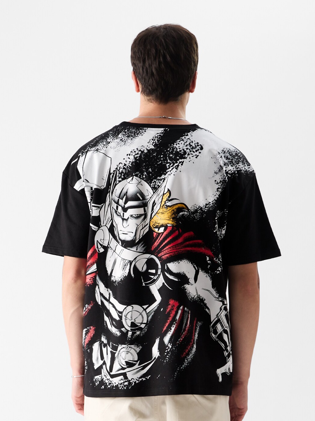 

The Souled Store Black Thor Printed Drop-Shoulder Sleeves Oversized T-shirt