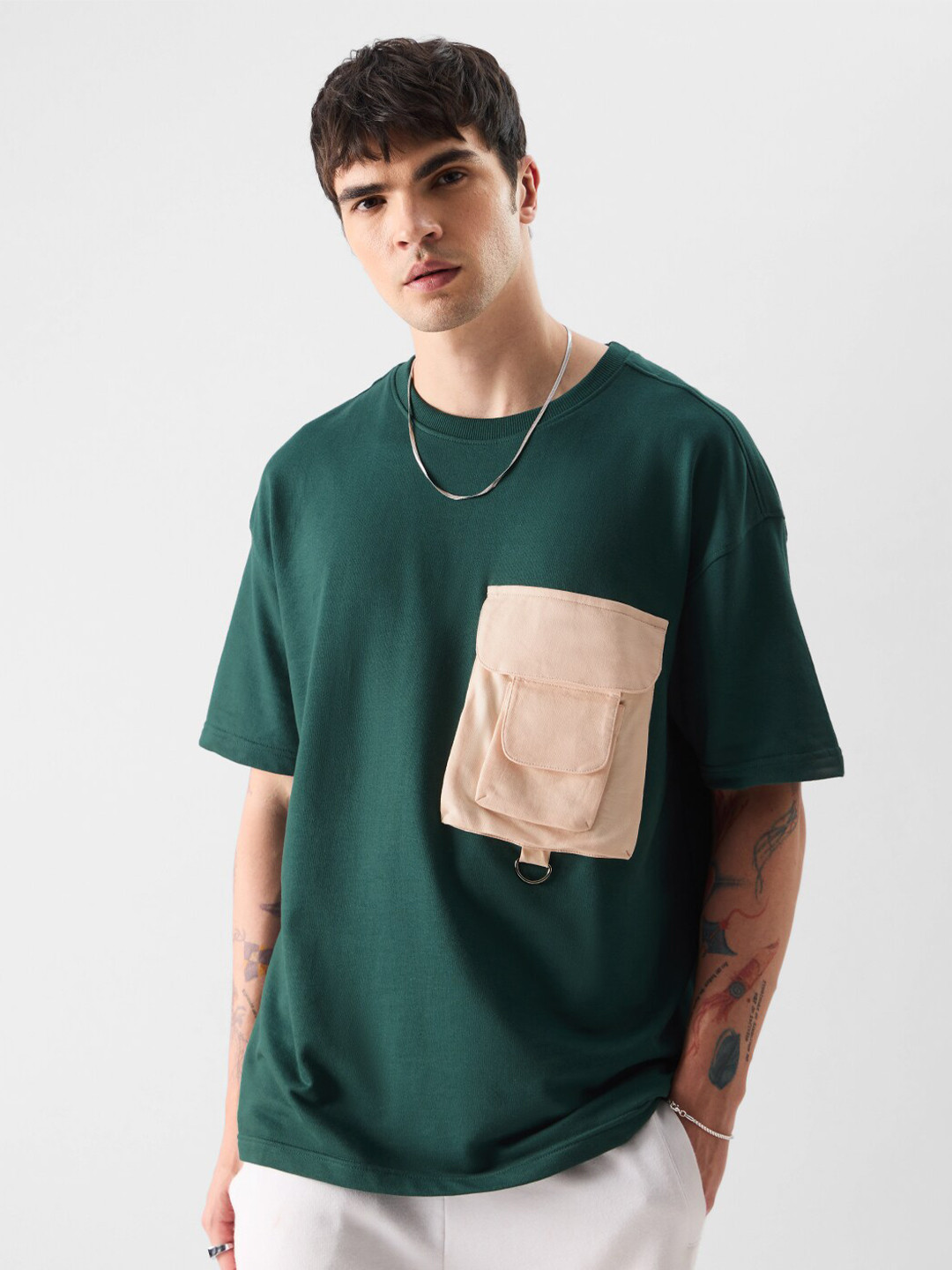 

The Souled Store Green Drop-Shoulder Sleeves Pocket Detail Pure Cotton Oversized T-shirt