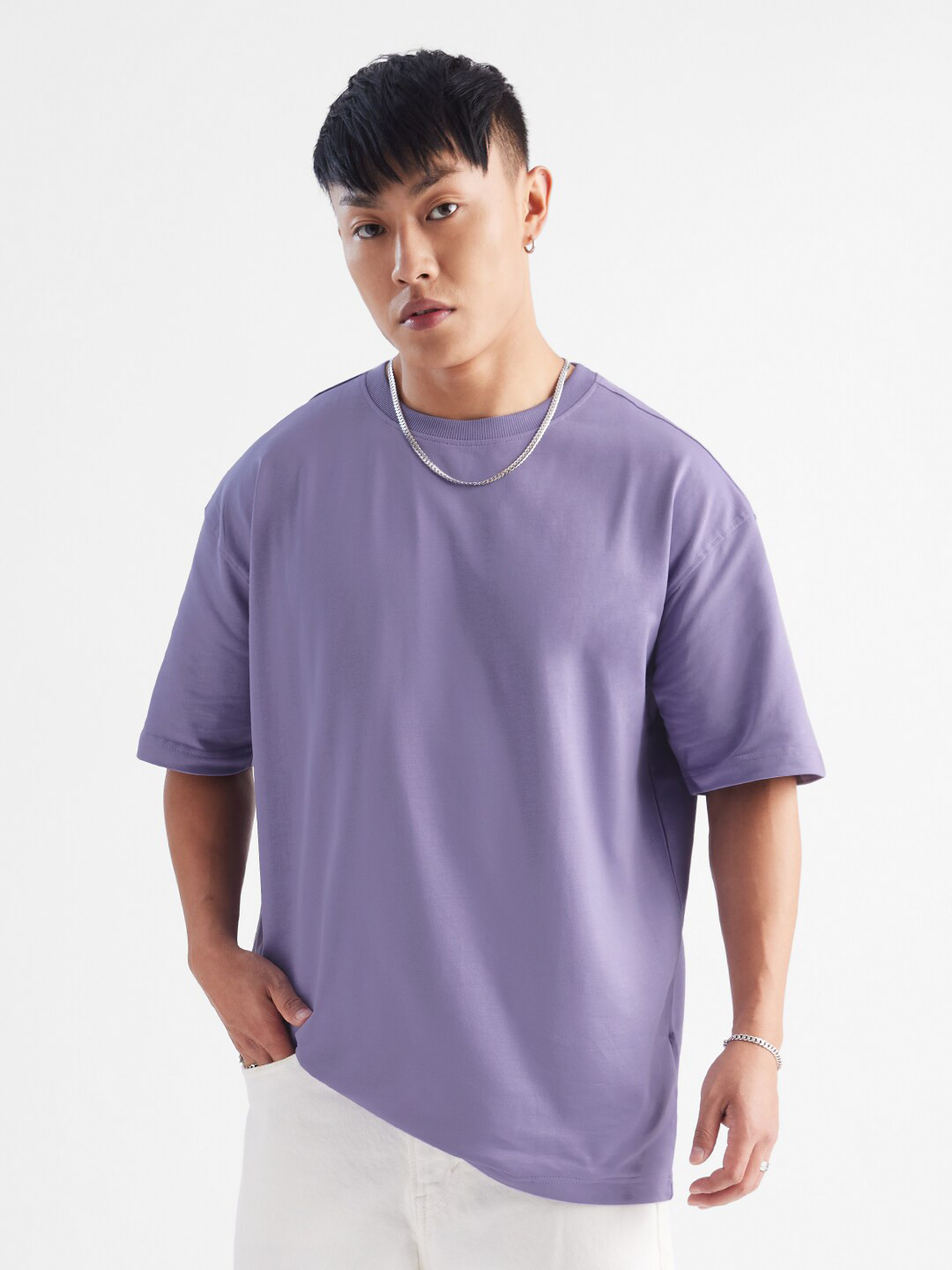

The Souled Store Lavender Drop-Shoulder Sleeves Pure Cotton Oversized T-shirt