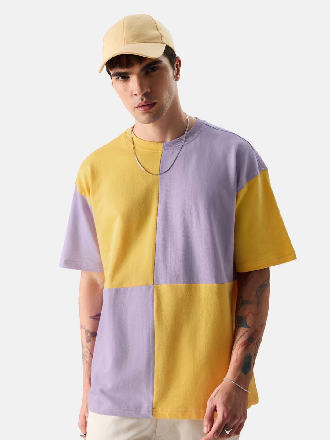 

The Souled Store Yellow Colourblocked Drop-Shoulder Sleeves Pure Cotton Oversized T-shirt