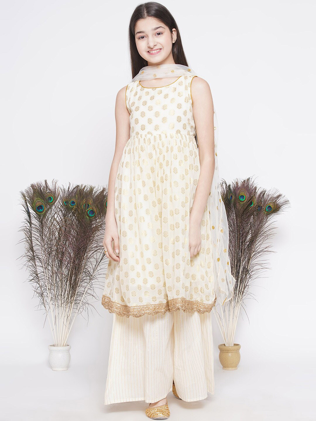 

Little Bansi Girls Floral Woven Design Sequinned Empire Kurta With Sharara & Dupatta, Cream