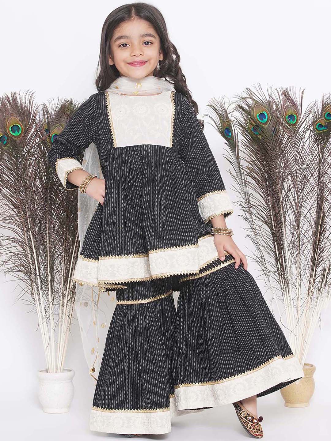 

Little Bansi Girls Striped Gotta Patti Empire Kurti With Sharara & Dupatta, Black