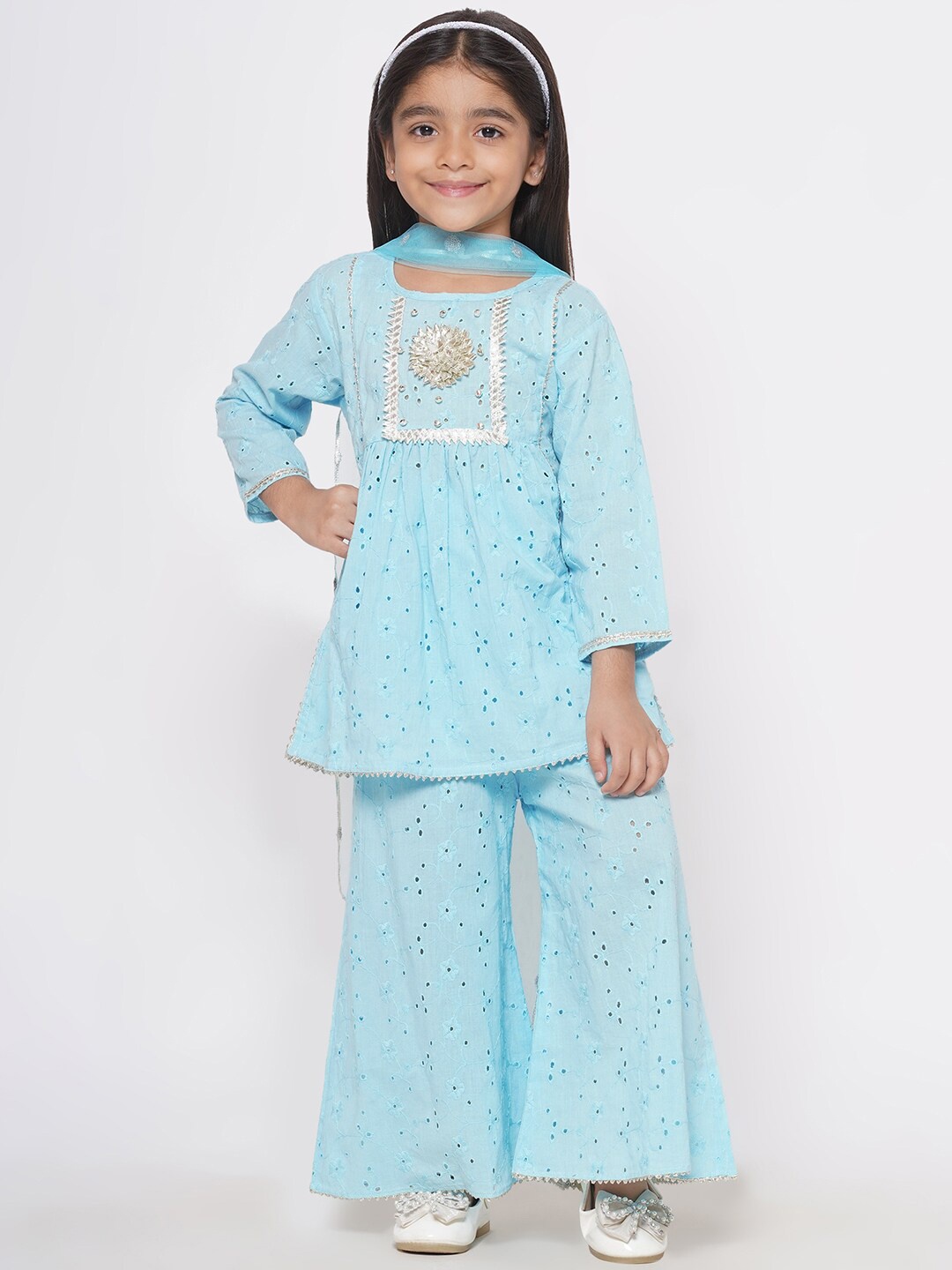 

Little Bansi Girls Self Design Gotta Patti Regular Kurti With Palazzos & Dupatta, Blue