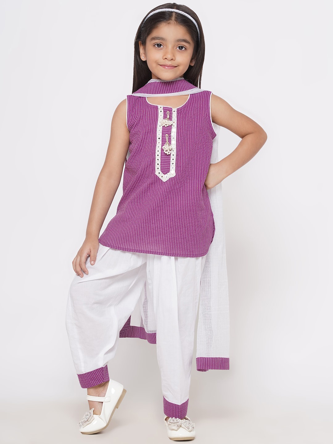 

Little Bansi Girls Striped Mirror Work Regular Kurti With Salwar & Dupatta, Purple