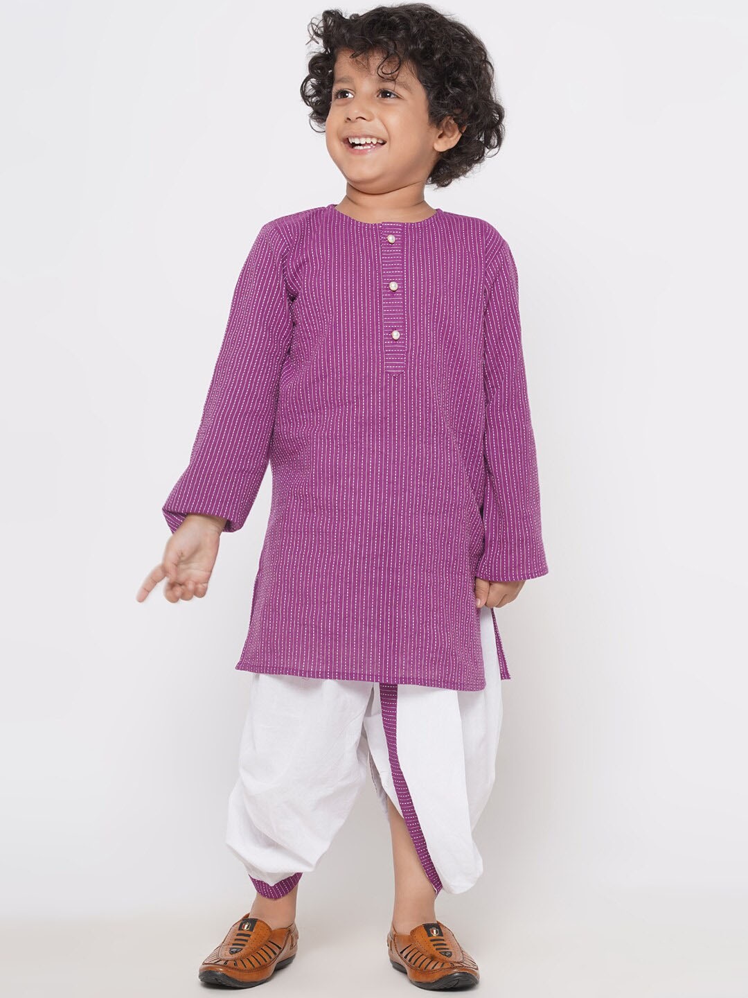 

Little Bansi Boys Striped Pure Cotton Kurta With Dhoti Pants, Purple