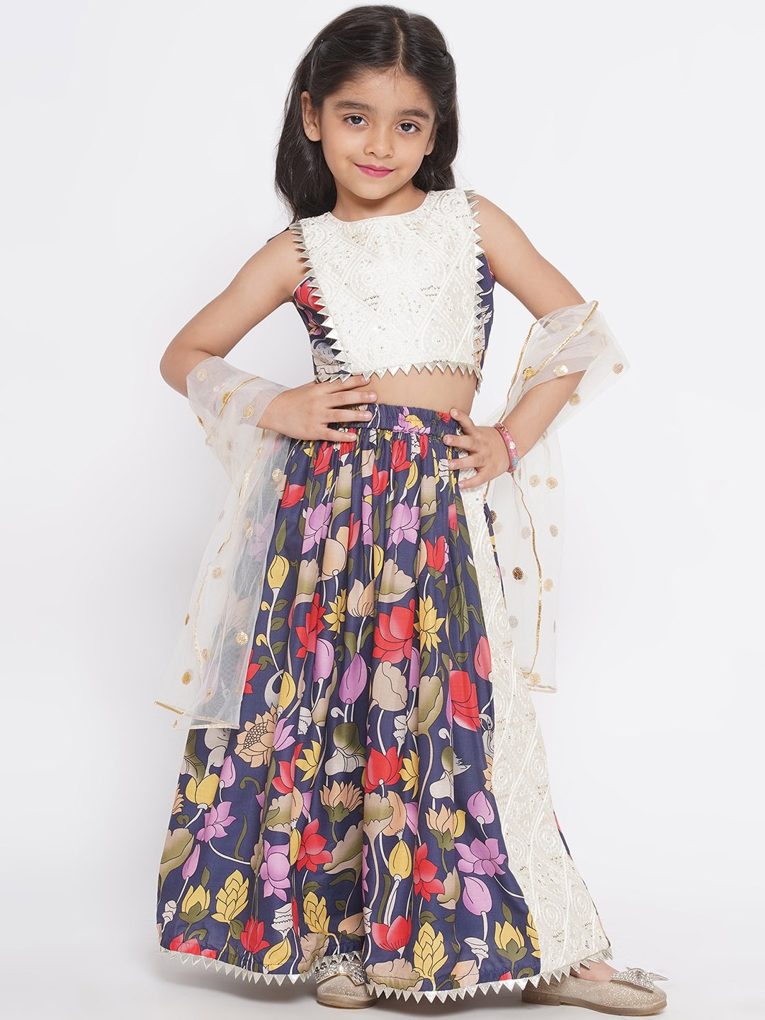 

Little Bansi Girls Embellished Ready to Wear Lehenga & Blouse With Dupatta, Navy blue