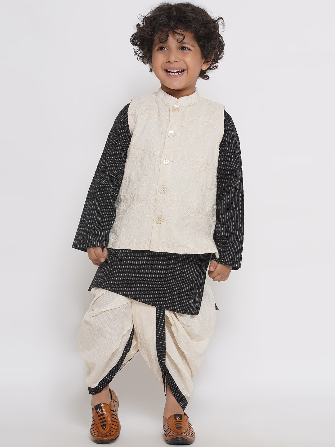 

Little Bansi Boys Kantha Work Pure Cotton Kurta & Dhoti Pants With Nehru jacket, Black