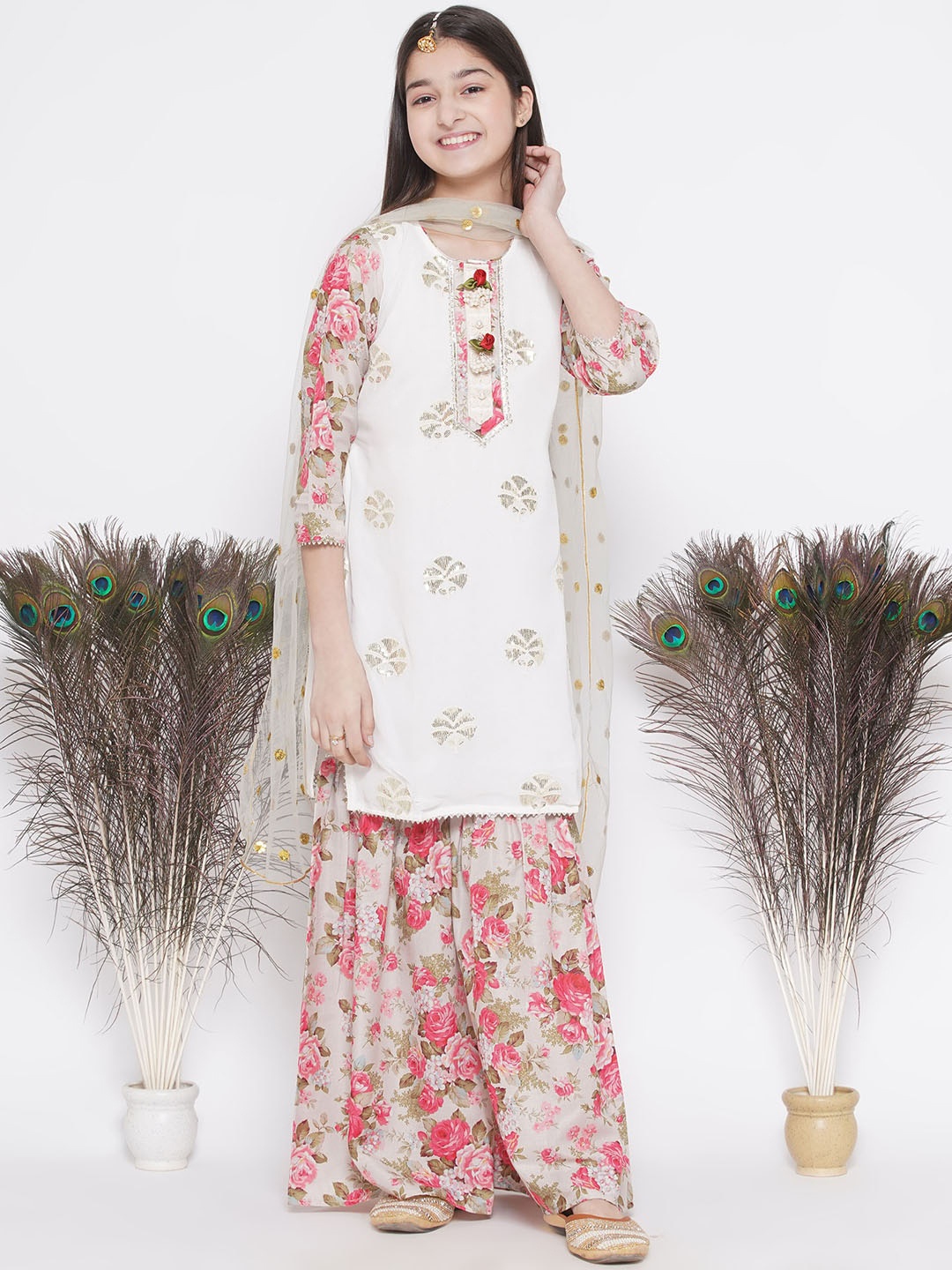 

Little Bansi Girls Floral Embroidered Sequinned Pure Silk Kurta & Sharara With Dupatta, White