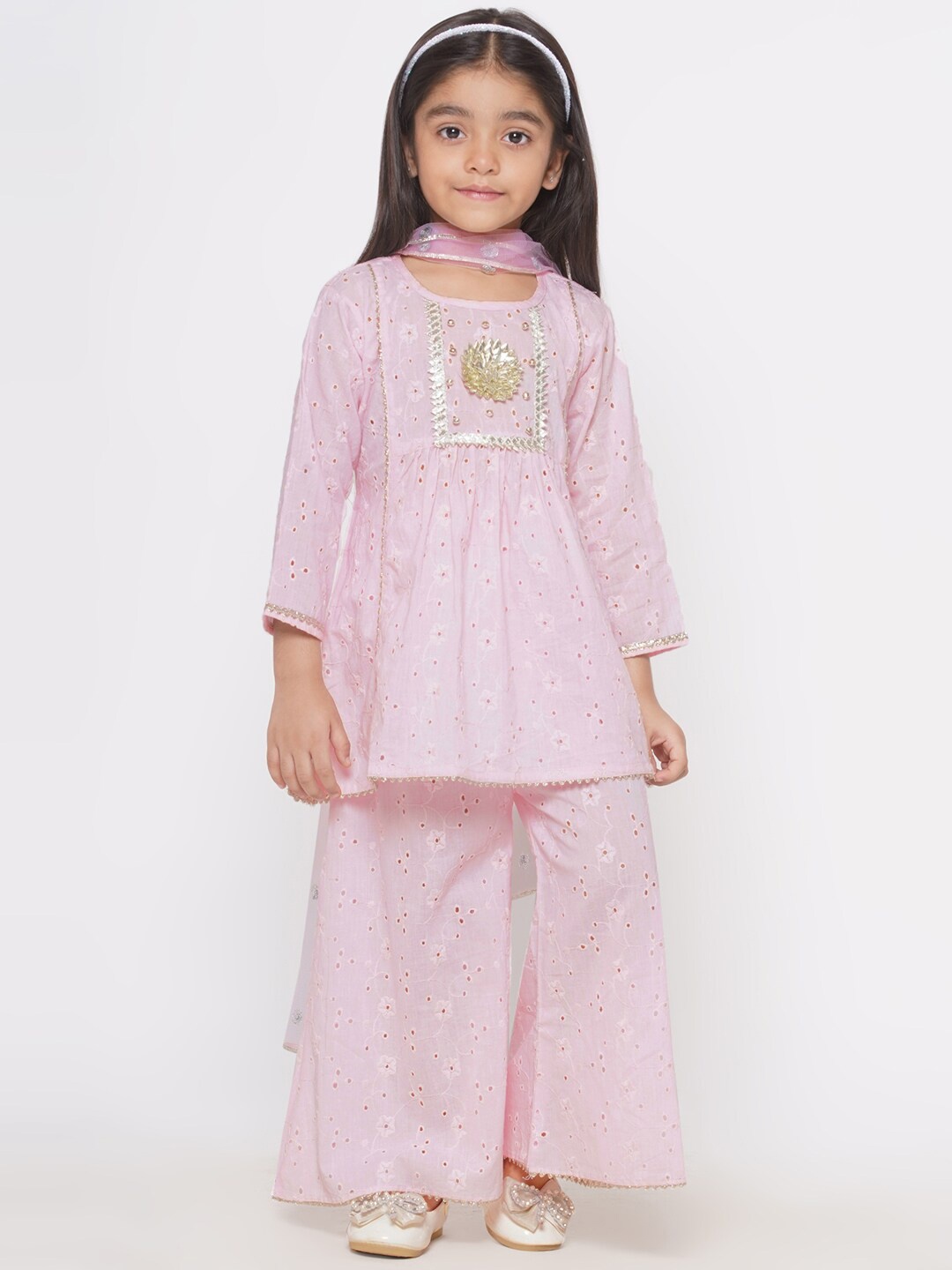 

Little Bansi Girls Floral Embroidered Pure Cotton Kurti with Palazzos & With Dupatta, Pink