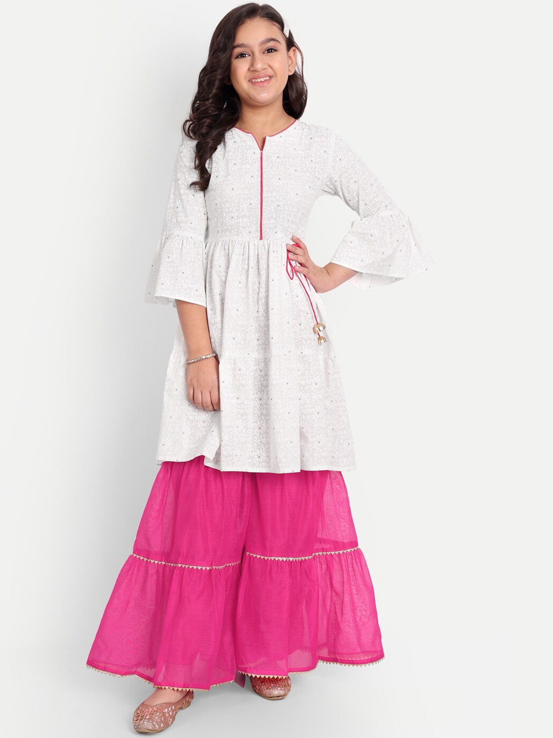 

Modish Couture Girls Floral Printed Pleated Pure Cotton Kurta with Sharara, White