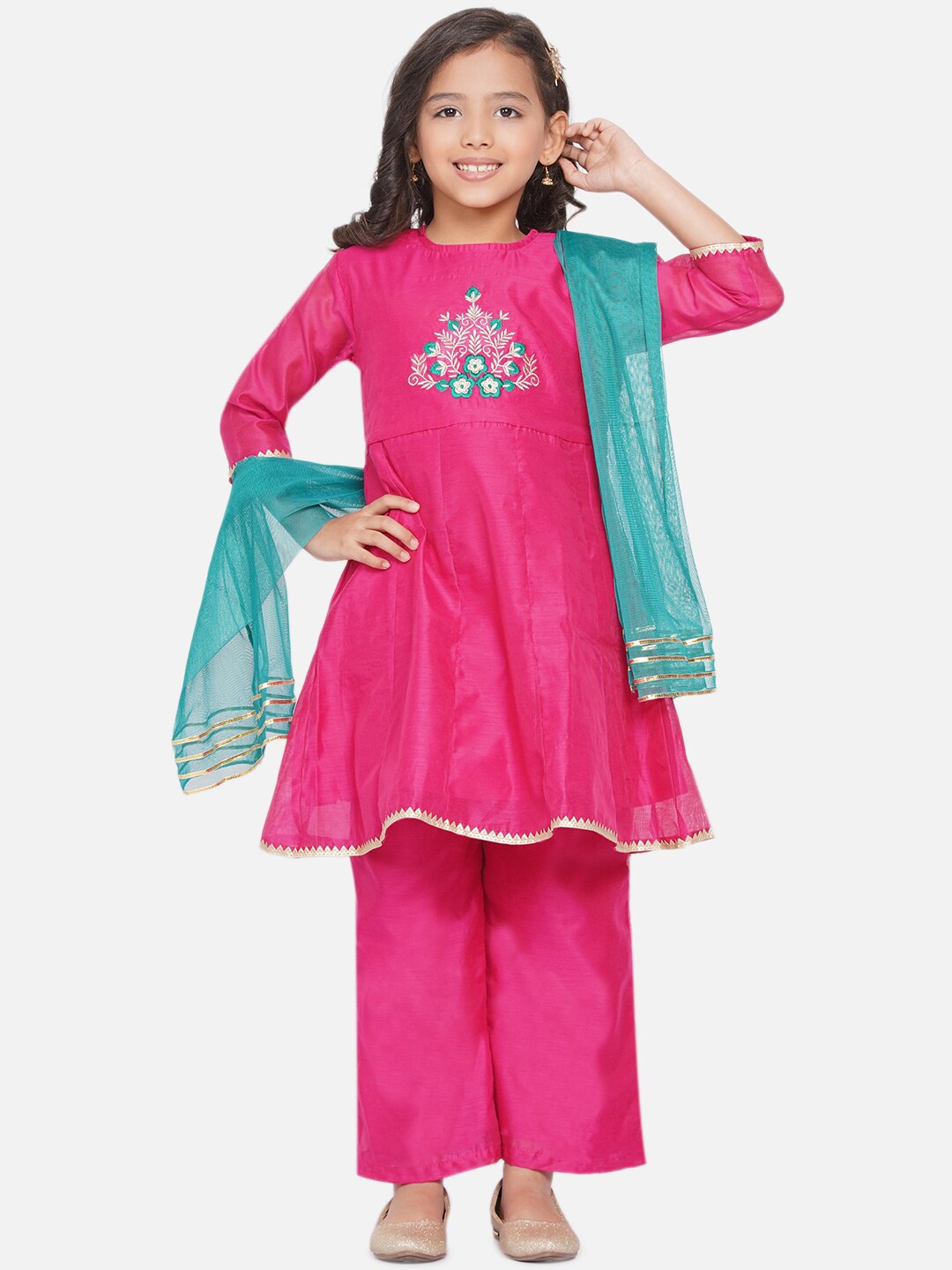 

Modish Couture Girls Embroidered Gotta Patti Chanderi Silk Kurta With Palazzos & Dupatta, Pink