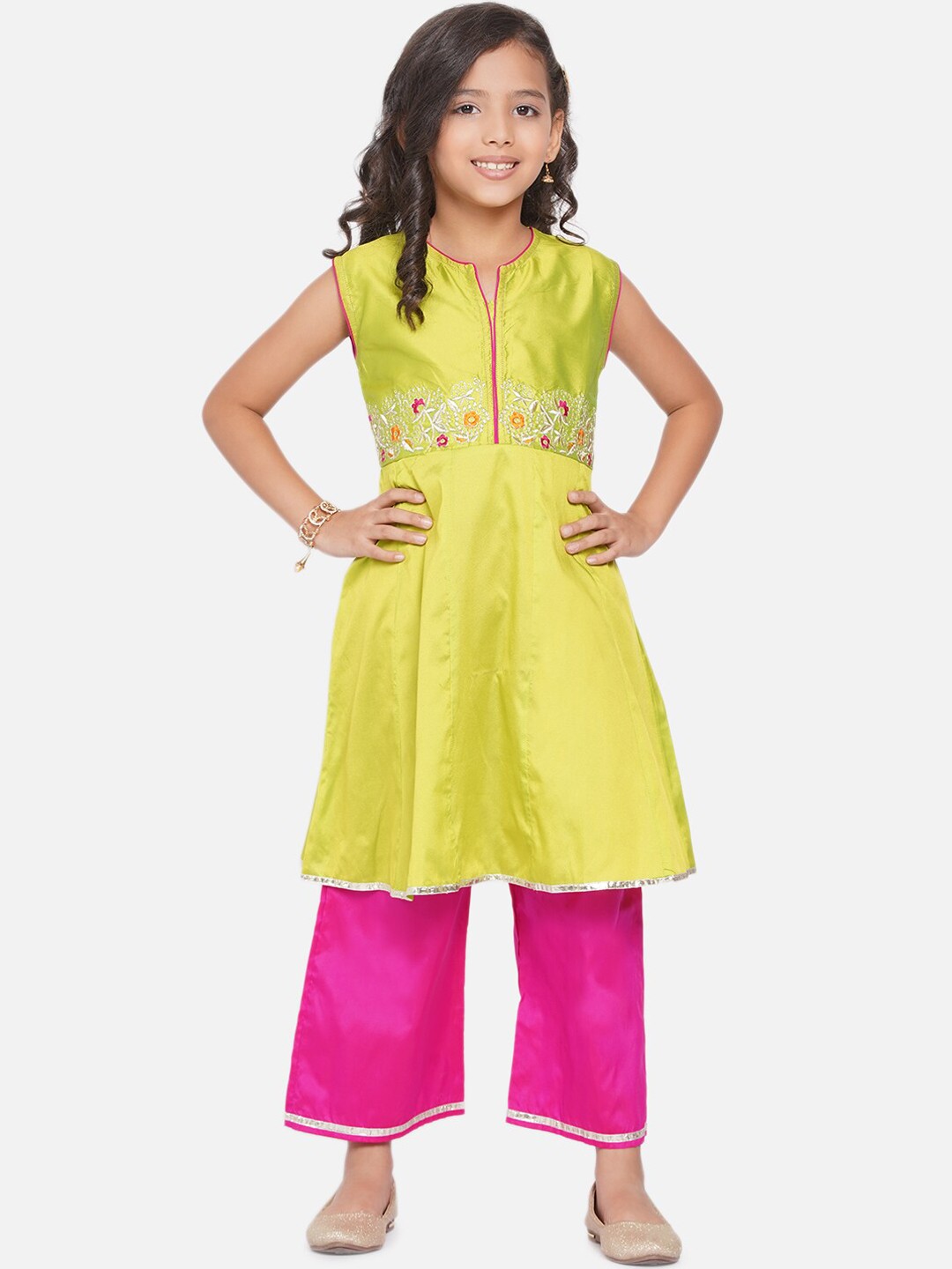 

Modish Couture Girls Floral Embroidered A-Line Chanderi Silk Kurta With Palazzos, Lime green