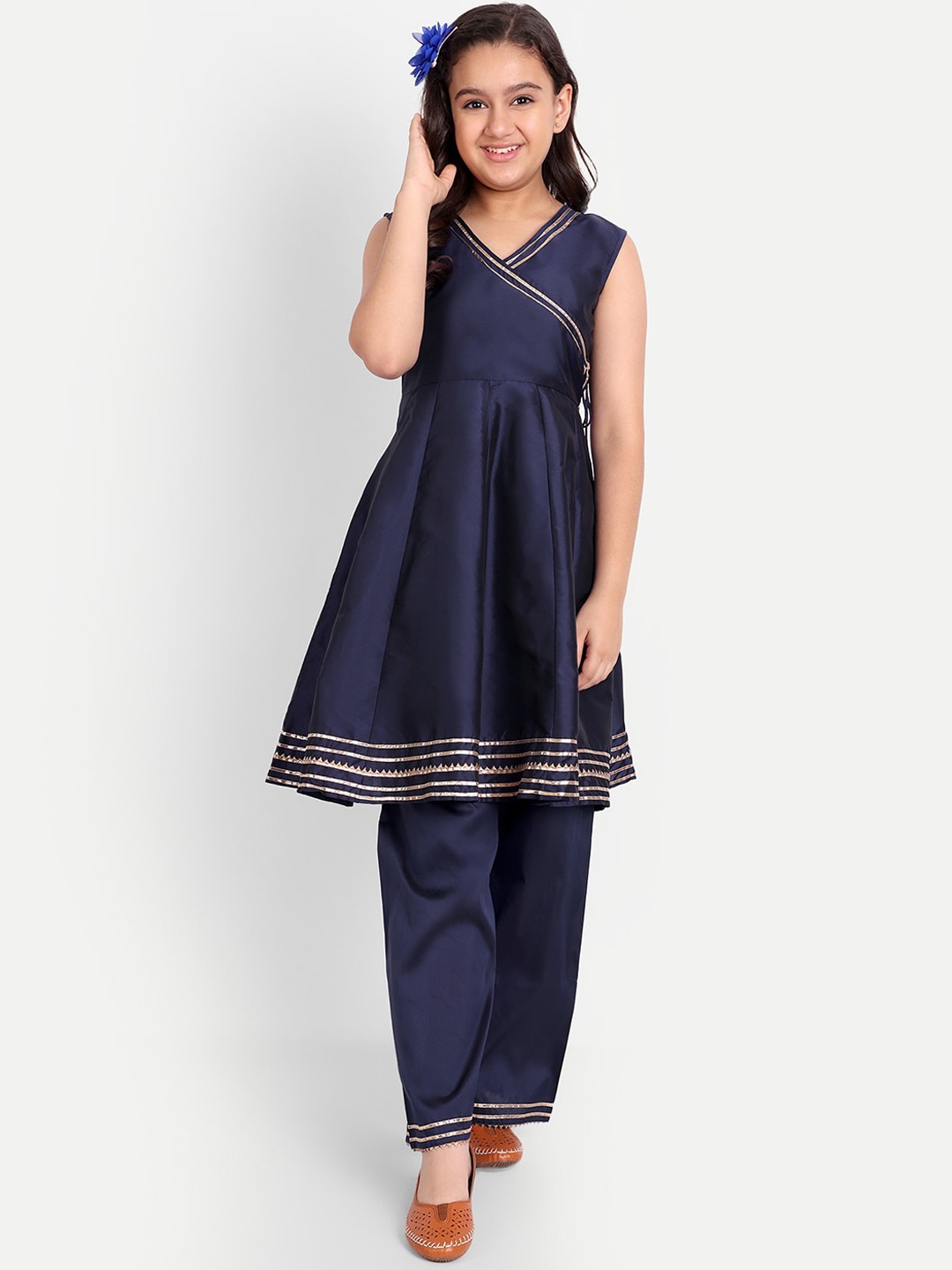 

Modish Couture Girls Angrakha Gotta Patti Pure Silk Kurta With Trousers, Navy blue