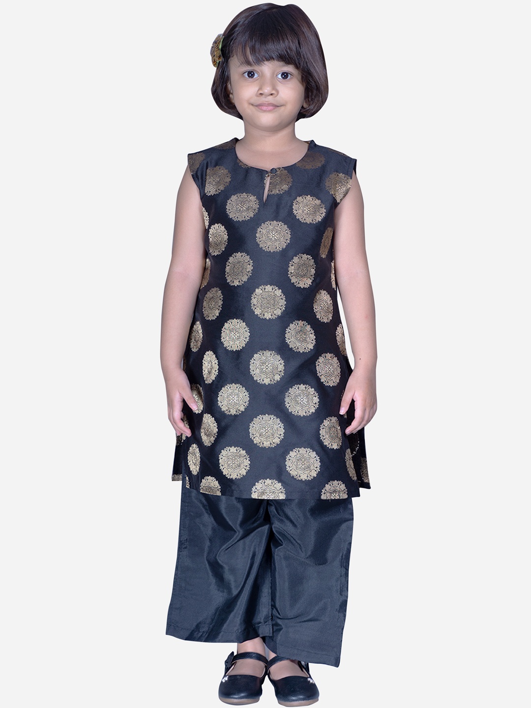 

Modish Couture Girls Ethnic Motifs Woven Design Straight Kurta With Palazzos, Black
