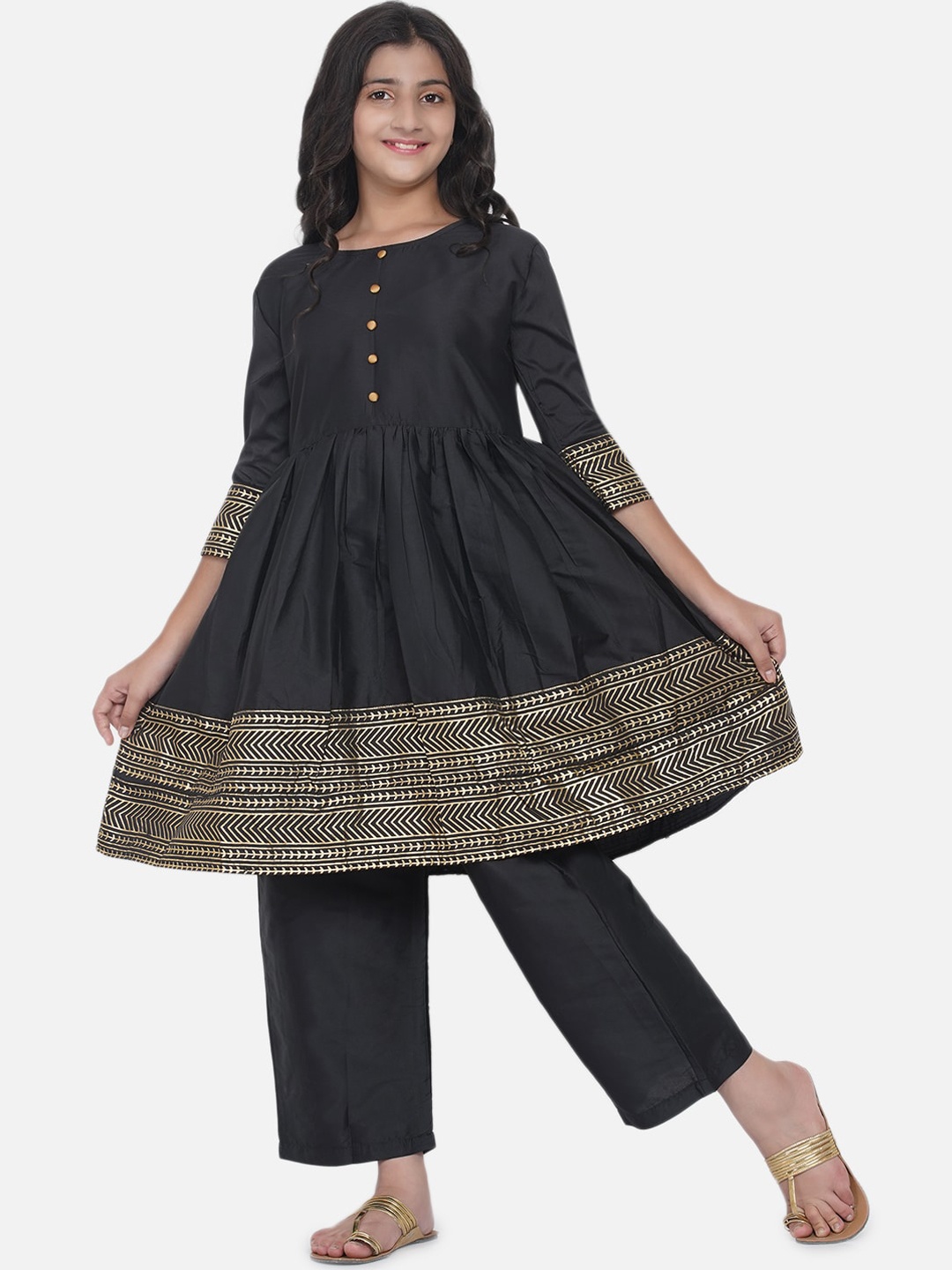 

Modish Couture Girls Ethnic Motifs Printed A-Line Kurta With Palazzos, Black