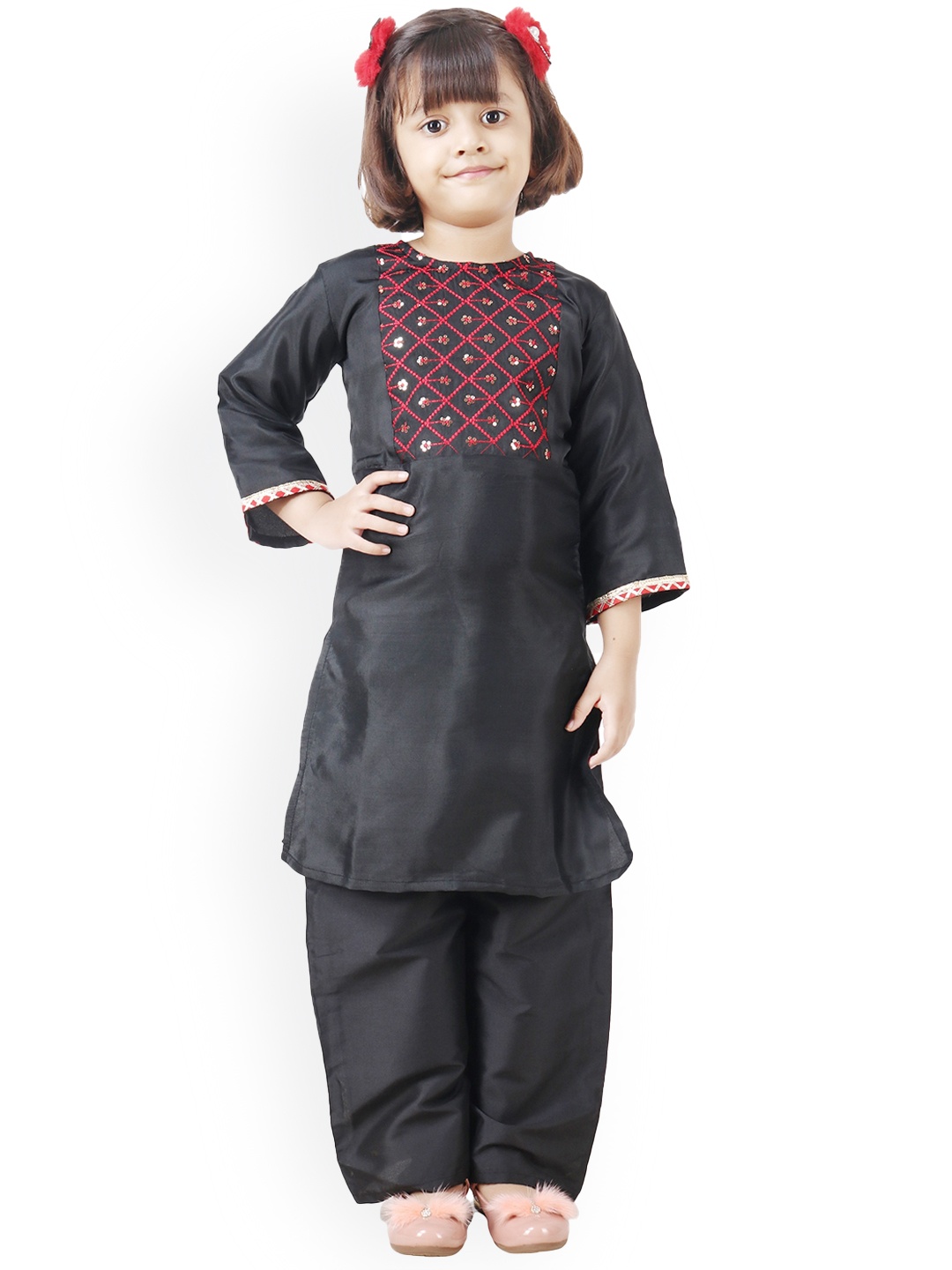 

Modish Couture Girls Ethnic Motifs Embroidered Straight Kurta With Palazzos, Black
