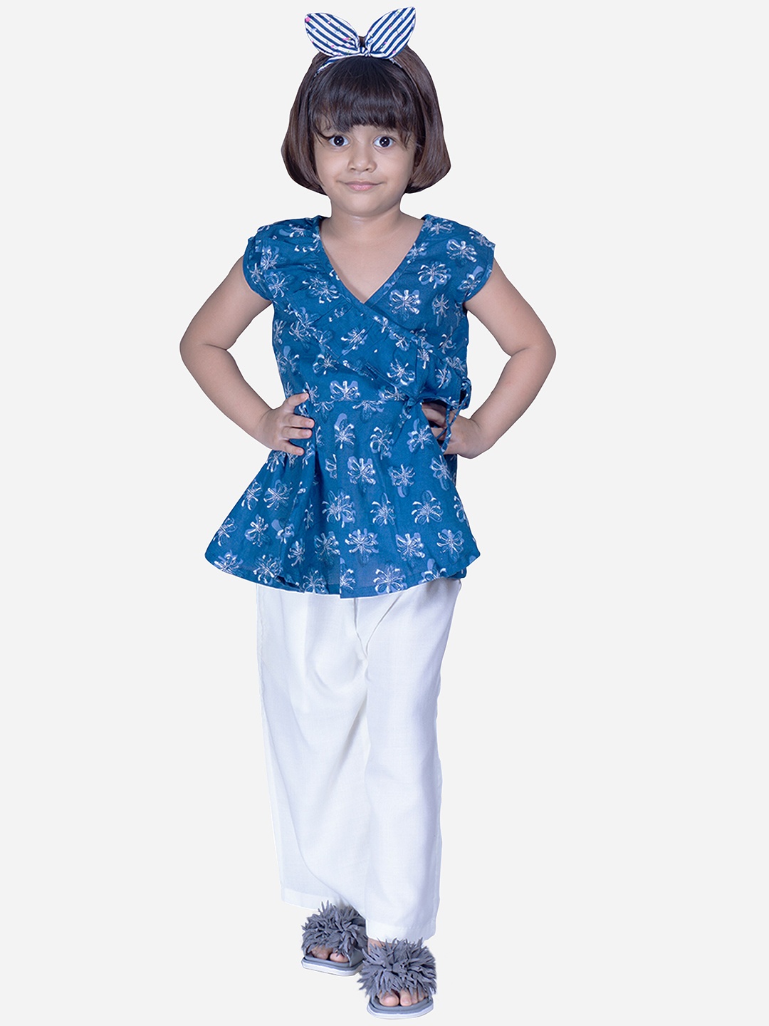

Modish Couture Girls Ethnic Motifs Printed Angrakha Top With Palazzos, White