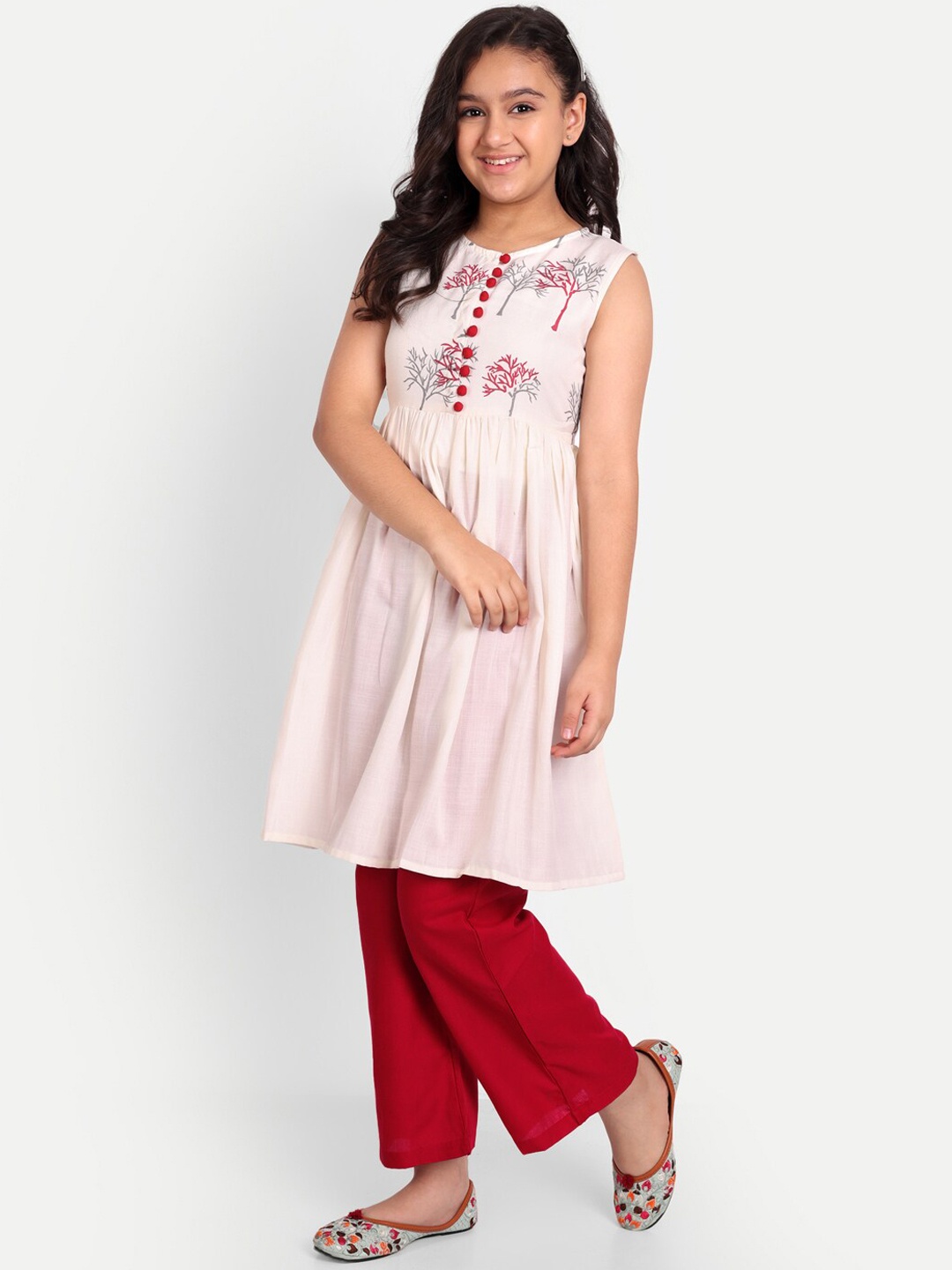 

Modish Couture Girls Floral Printed Pleated A-Line Kurta With Palazzos, Off white