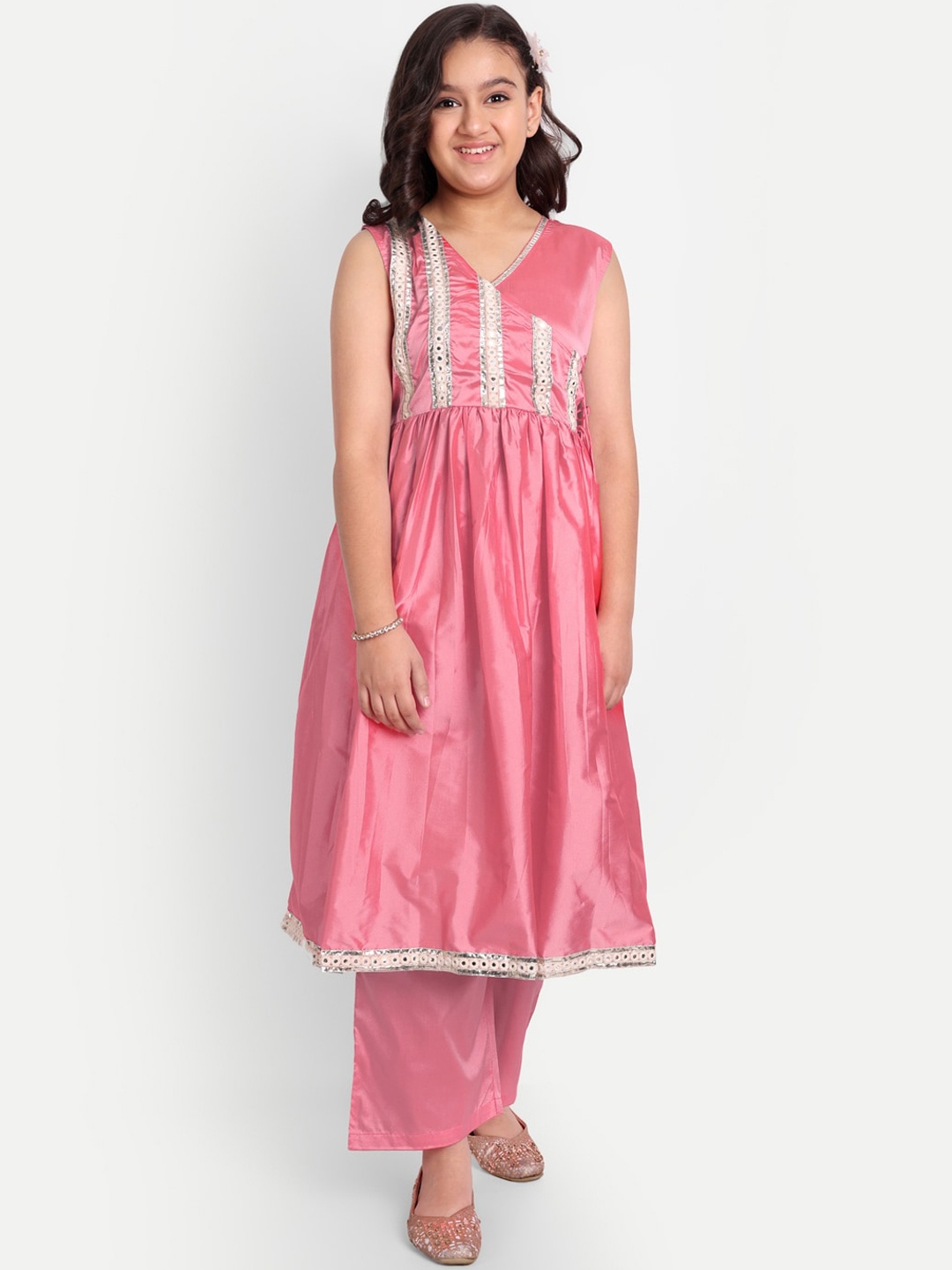 

Modish Couture Girls Embroidered Angrakha Pure Silk Kurta with Palazzos, Pink