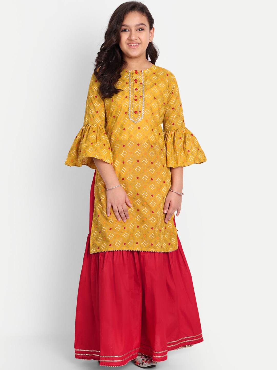 

Modish Couture Girls Bandhani Printed Regular Gotta Patti Kurta With Sharara, Yellow