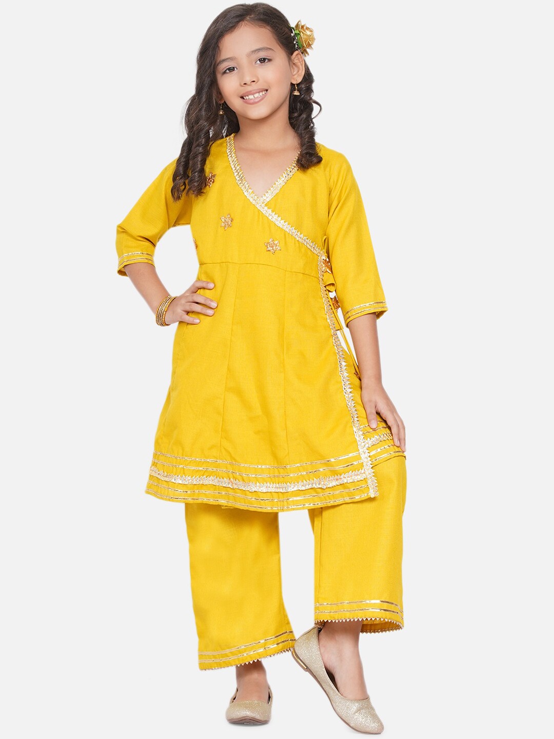 

Modish Couture Girls Ethnic Motifs Embroidered Angrakha Pure Cotton Kurta with Palazzos, Mustard