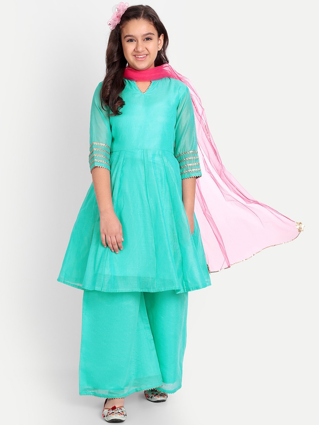 

Modish Couture Girls Gotta Patti Chanderi Silk Kurta with Palazzos & Dupatta, Green