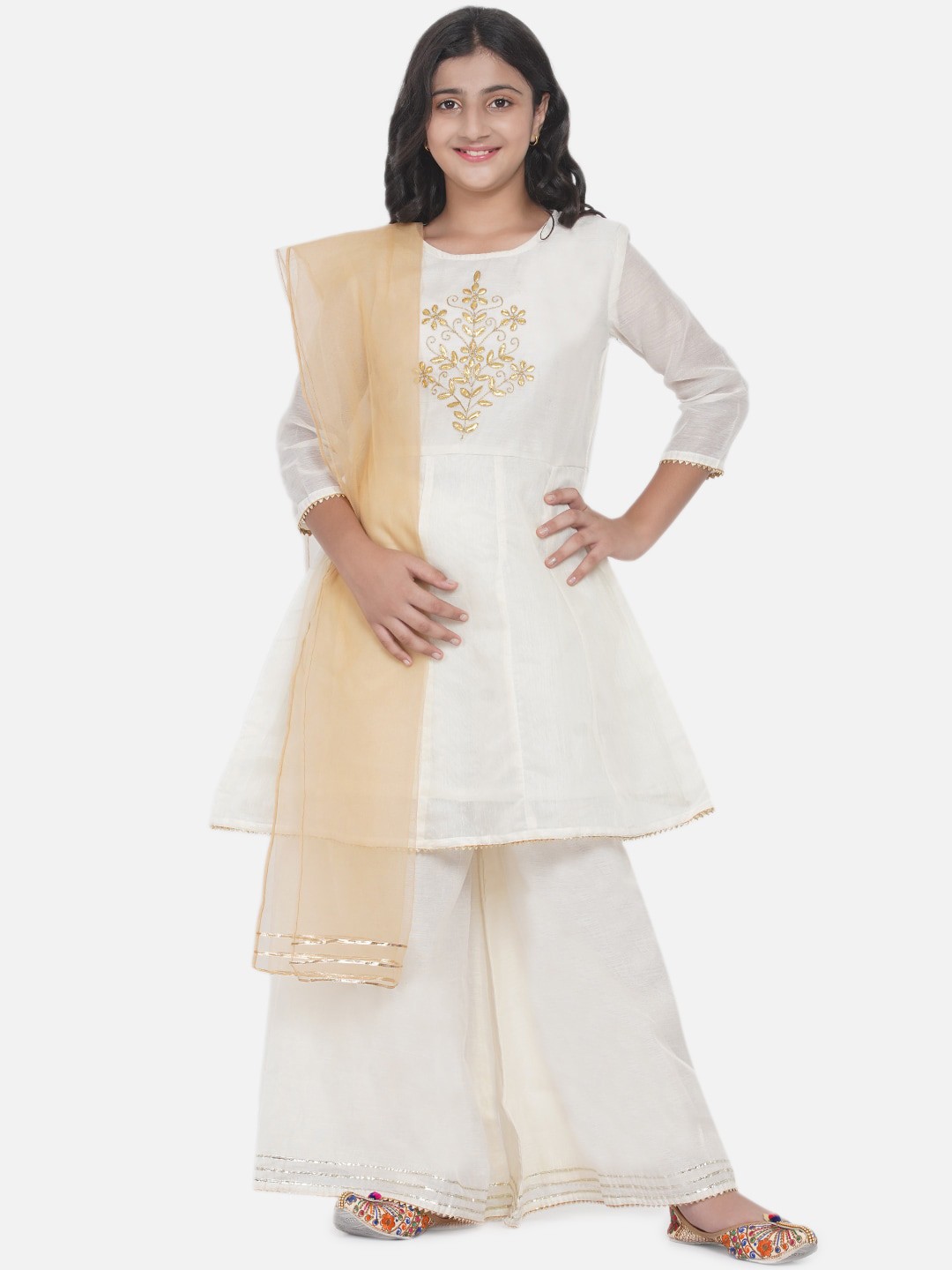 

Modish Couture Girls Ethnic Motifs Embroidered Chanderi Silk Kurta with Sharara & Dupatta, White