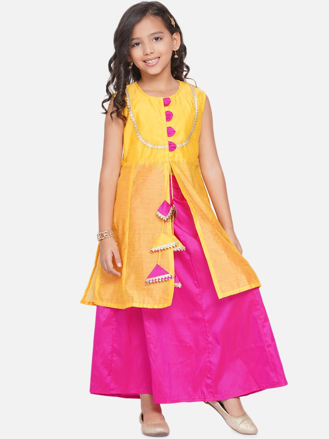 

Modish Couture Girls High Slit Gotta Patti Chanderi Silk Kurta With Skirt, Yellow