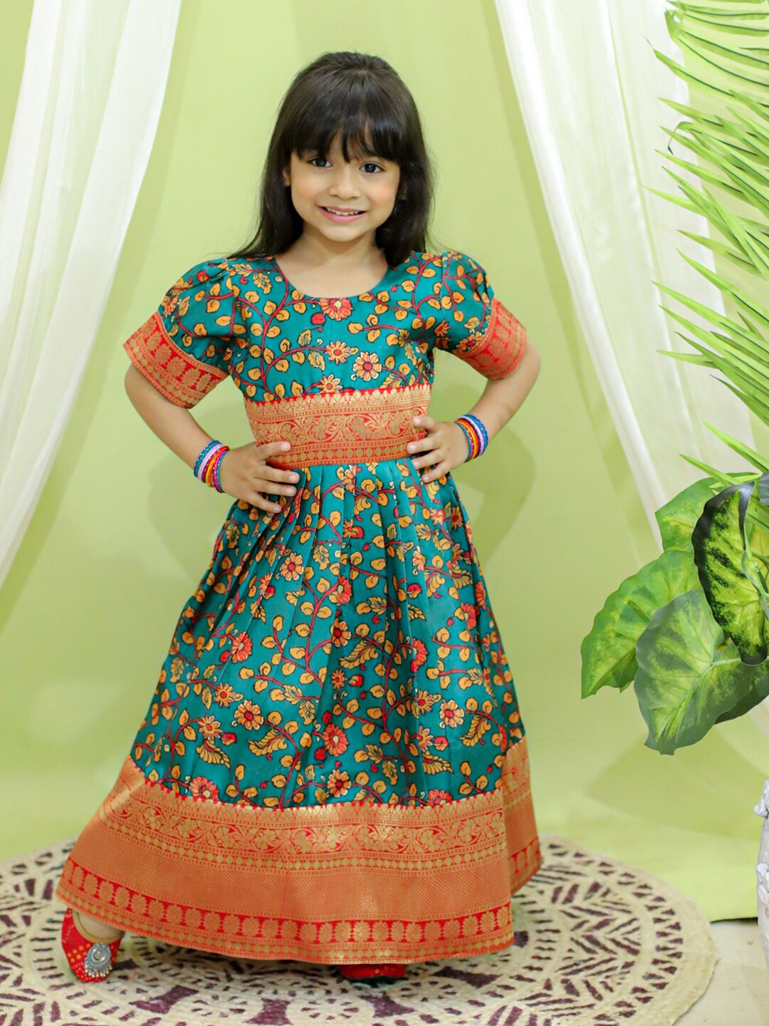 

BownBee Girls Floral Motif Printed Gathered & Pleated Silk Fit & Flare Maxi Ethnic Dress, Green