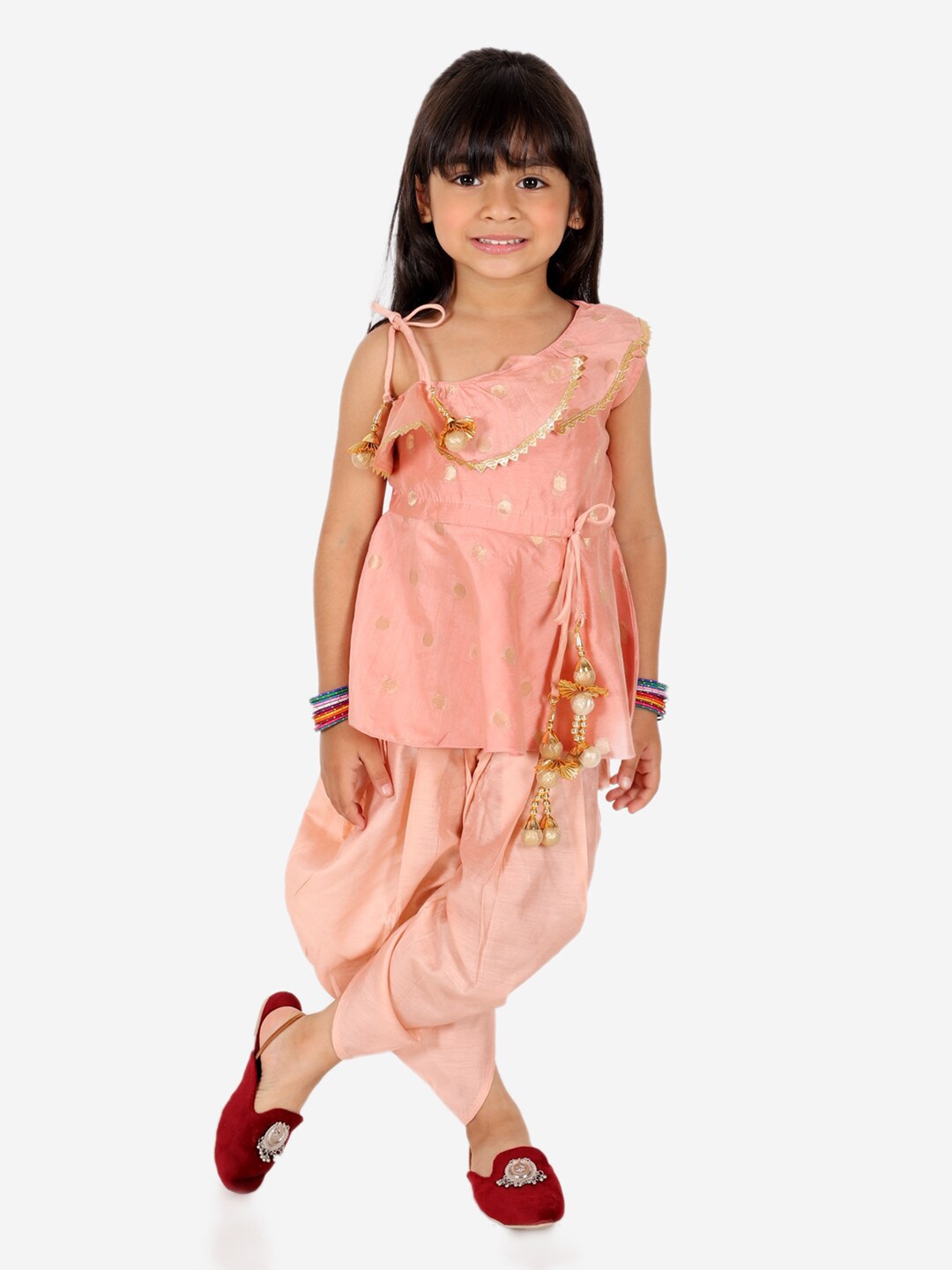 

BownBee Girls Chanderi Silk Top With Dhoti Pants, Peach
