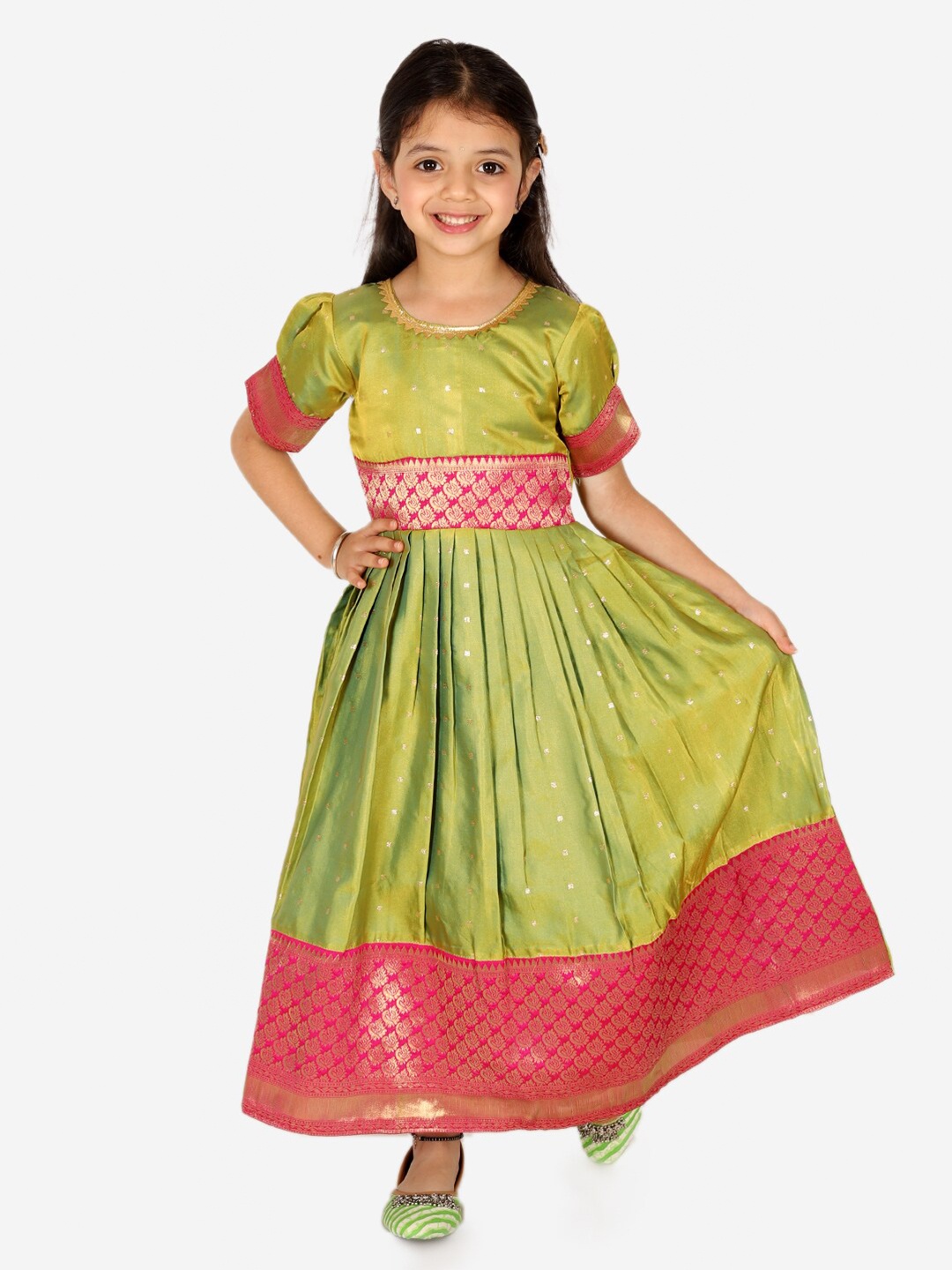 

BownBee Girls Ethnic Motif Printed Gathered & Pleated Silk Fit & Flare Maxi Ethnic Dress, Green
