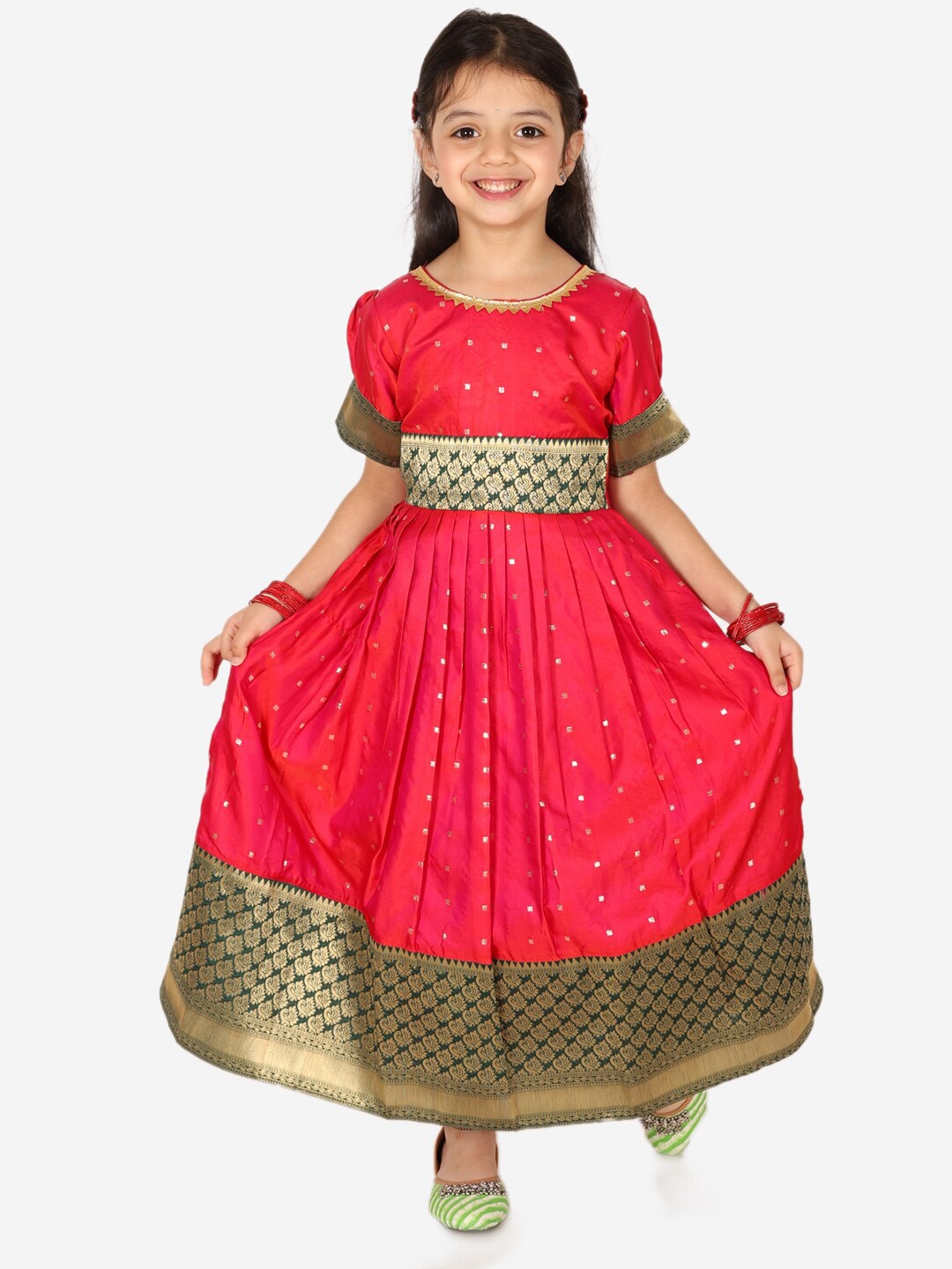 

BownBee Girls Ethnic Motif Printed Gathered & Pleated Silk Fit & Flare Maxi Ethnic Dress, Red