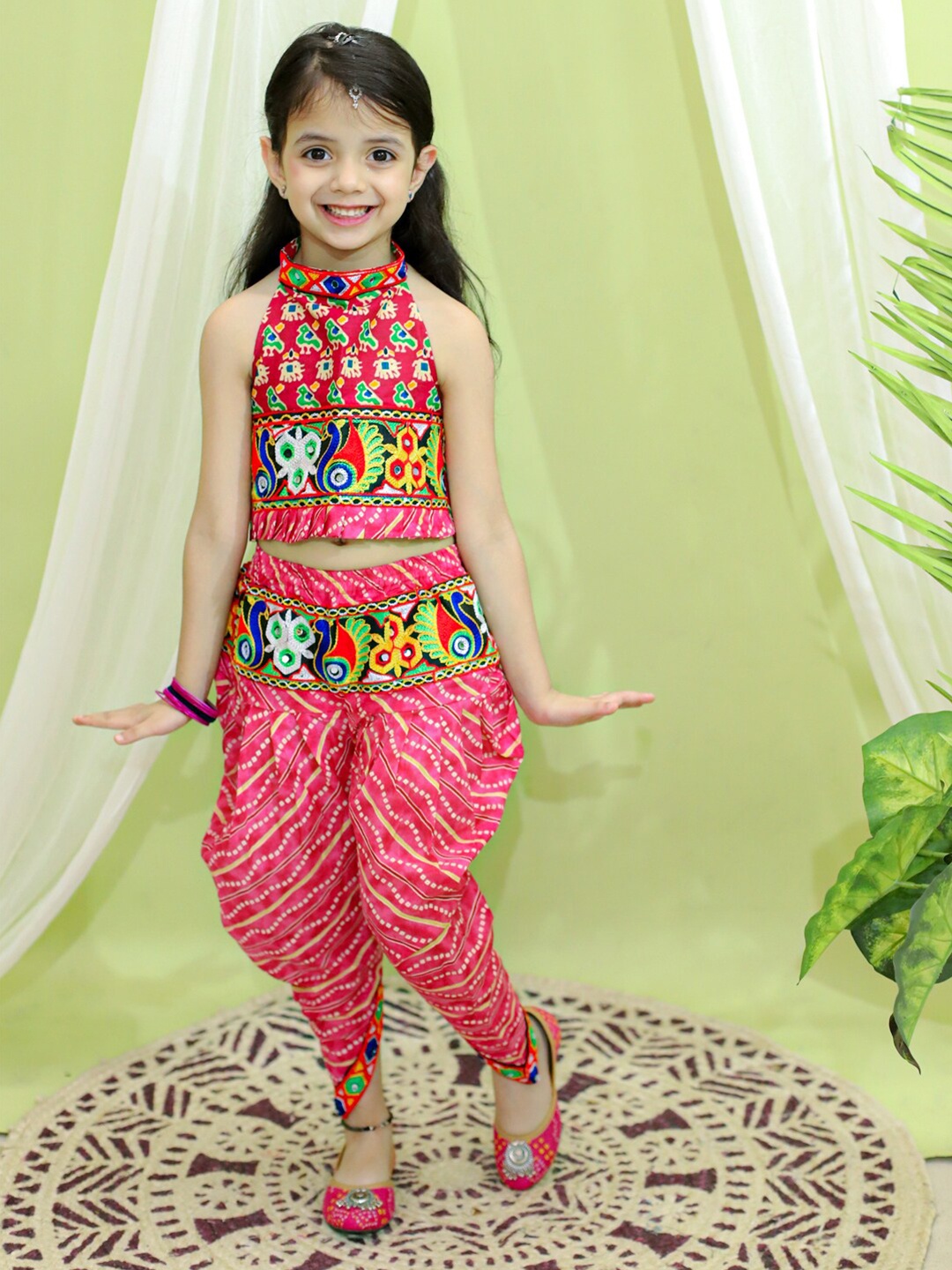 

BownBee Girls Printed Halter Neck Top With Dhoti Pants, Pink