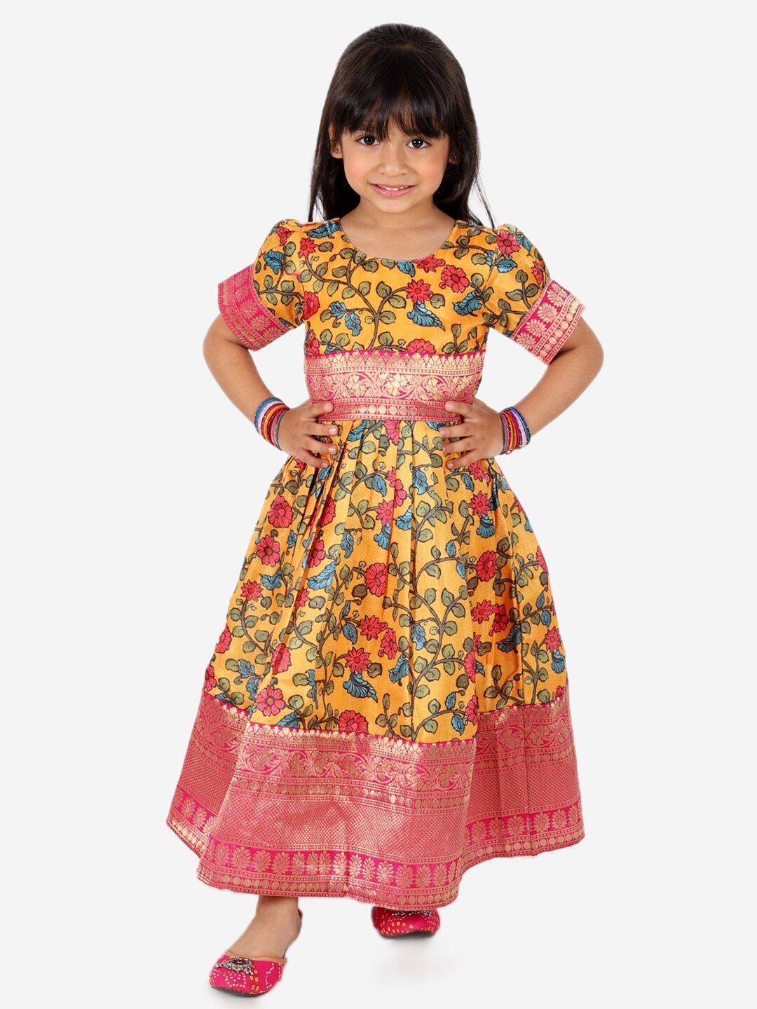 

BownBee Girls Ethnic Motif Printed Gathered & Pleated Silk Fit & Flare Maxi Ethnic Dress, Yellow