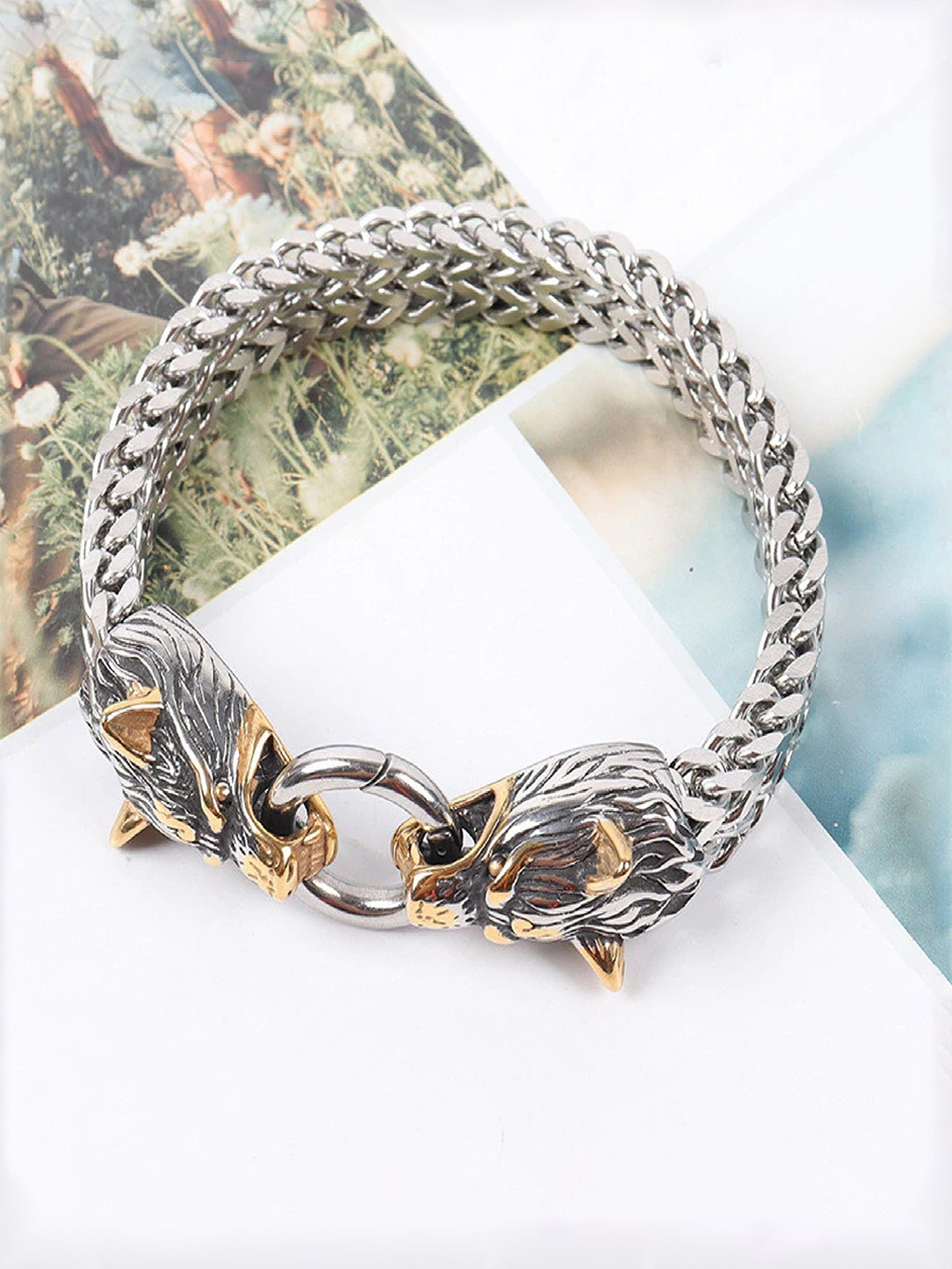 

EL REGALO Men Wolf Design Wraparound Bracelet, Silver