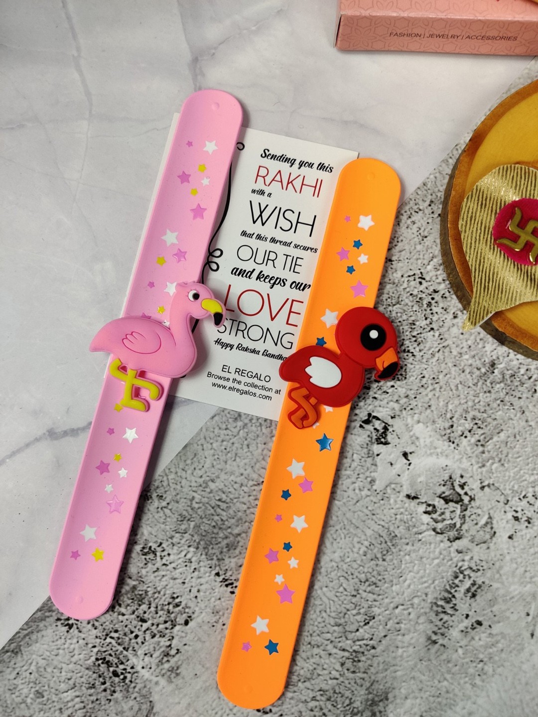 

EL REGALO Kids Set Of 2 Slap Band Rakhi With Roli Chawal, Pink