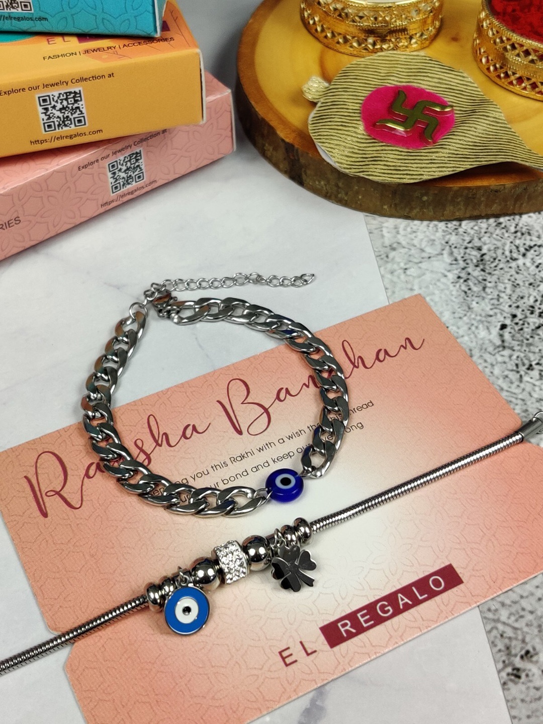 

EL REGALO Unisex Set Of 2 Stainless Steel Evil Eye Chain Rakhi, Blue
