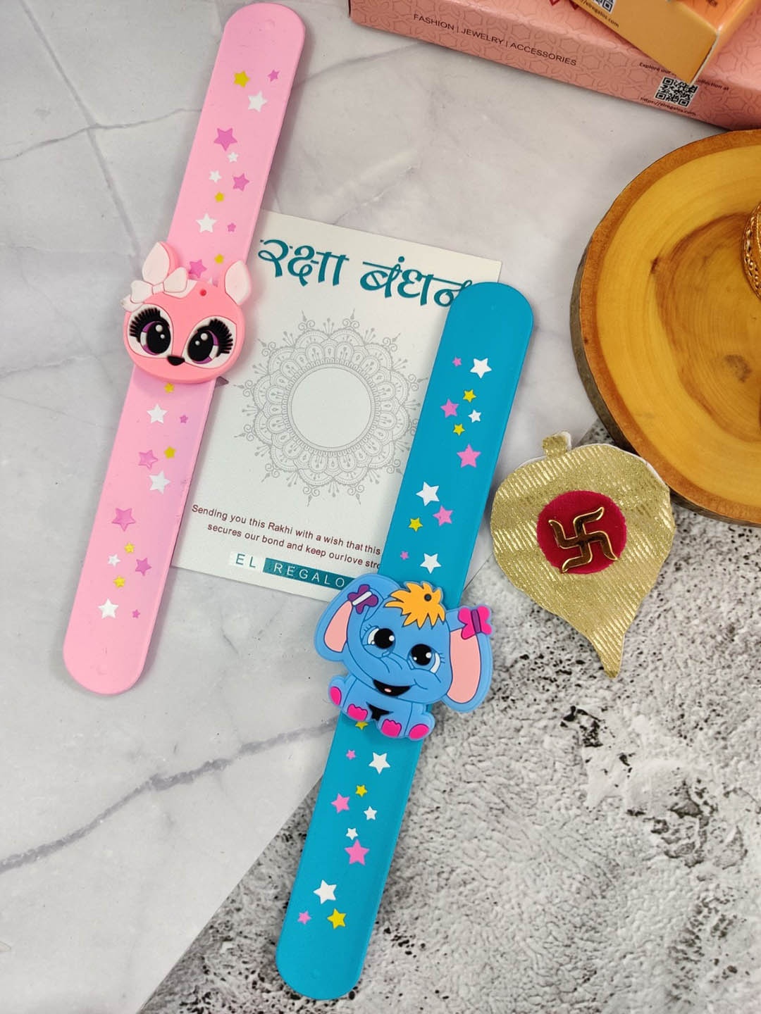 

EL REGALO Kids 2 Cat & Elephant Design Slap Band Rakhi With Roli Chawl & Card Gift Set, Pink