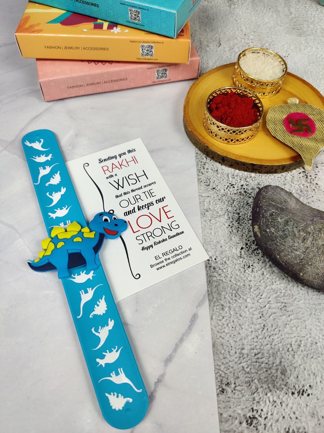

EL REGALO Kids Dinosaur Design Slap Band Rakhi With Roli Chawl & Card Gift Set, Blue