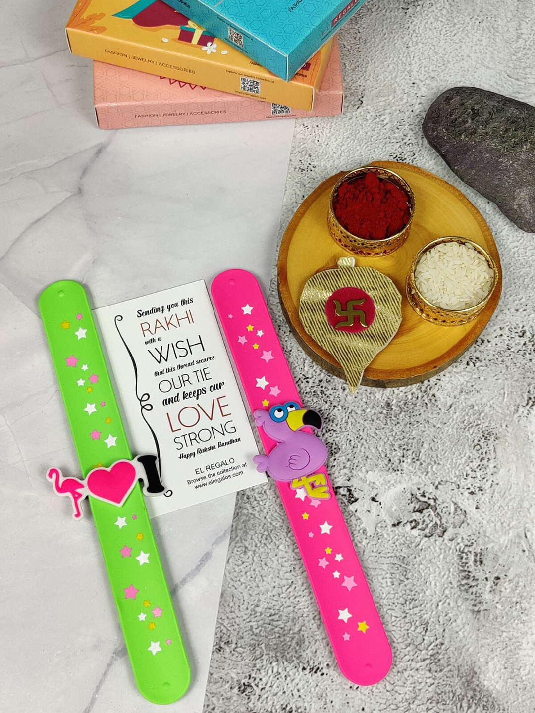 

EL REGALO Kids Set Of 2 Slap Band Rakhi With Roli Chawal, Pink