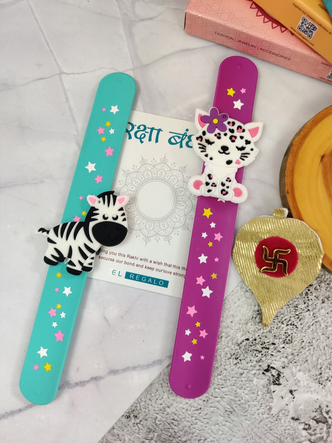 

EL REGALO Kids Set Of 2 Slap Band Rakhi With Roli Chawal, Teal