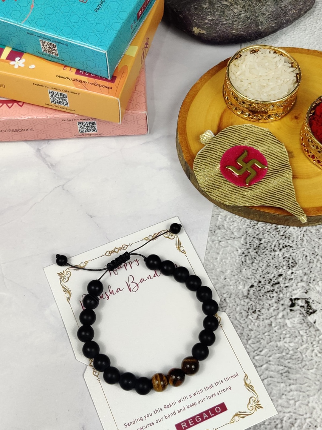 

EL REGALO Beaded Thread Rakhis With Roli Chawal & Greeting Card, Black