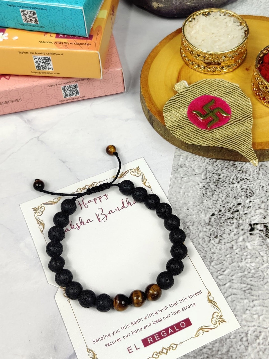 

EL REGALO Men Beaded Thread Rakhi With Roli Chawal, Brown